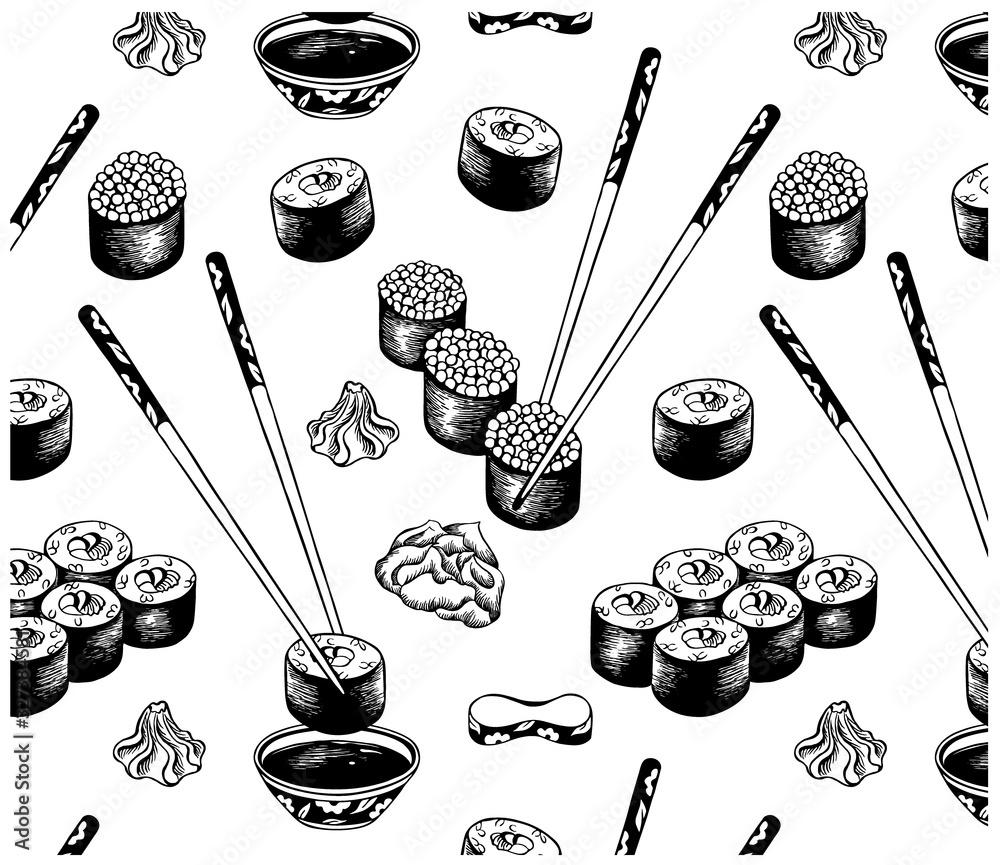 1000x865 Vector illustration of sketch black japanese sushi on white background. Asian food wallpaper for menu, packagin, cafe, restaurant. Ink paint, rice ball with fish, nori, caviar, tuna, avocado, chopstick Stock Vector