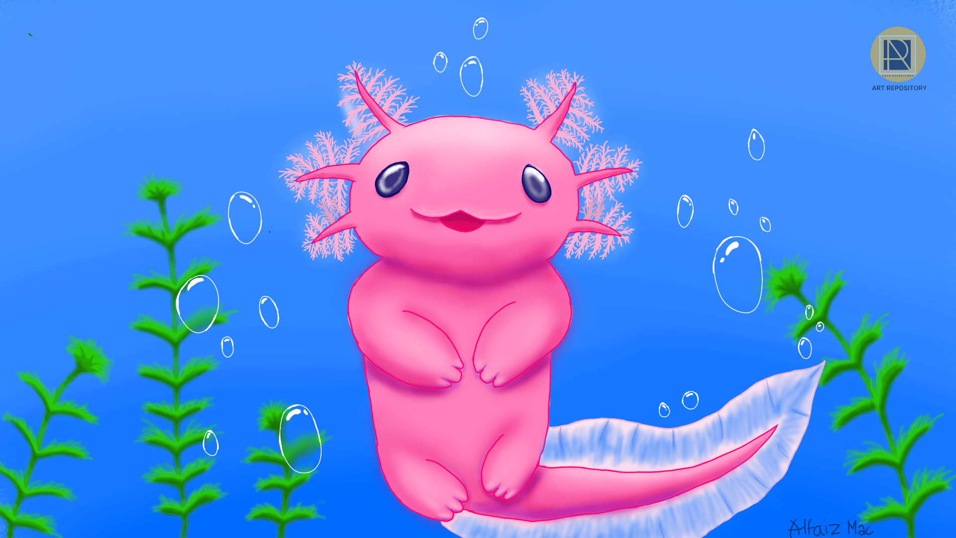 1920x1080 Cute kawaii Axolotl, Alfaiz Mac, Digital drawing, 2020