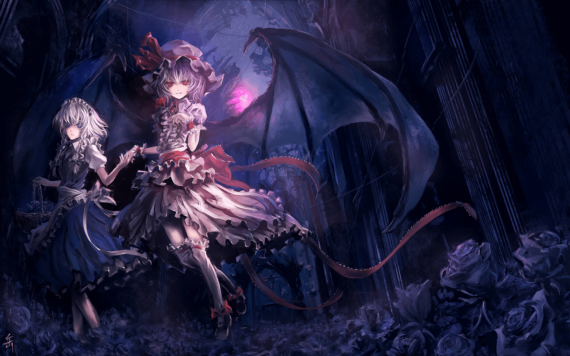 1920x1200 Anime Anime Girls Demon White Hair Braided Hair Long Hair Short Hair Bangs Blue Eyes Red Eyes Blue D Wallpaper:1920x1200
