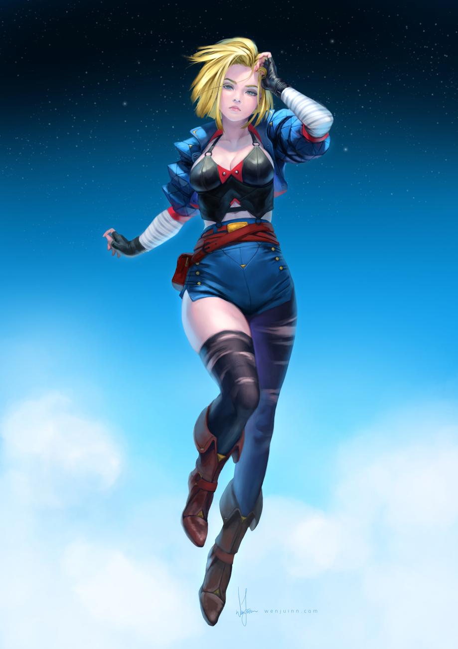 919x1300 Digital Art Wenjuinn Png Artwork Blonde Fingerless Gloves Android 18 Dragon Ball Z Women Anime Girls Wallpaper:919x1300
