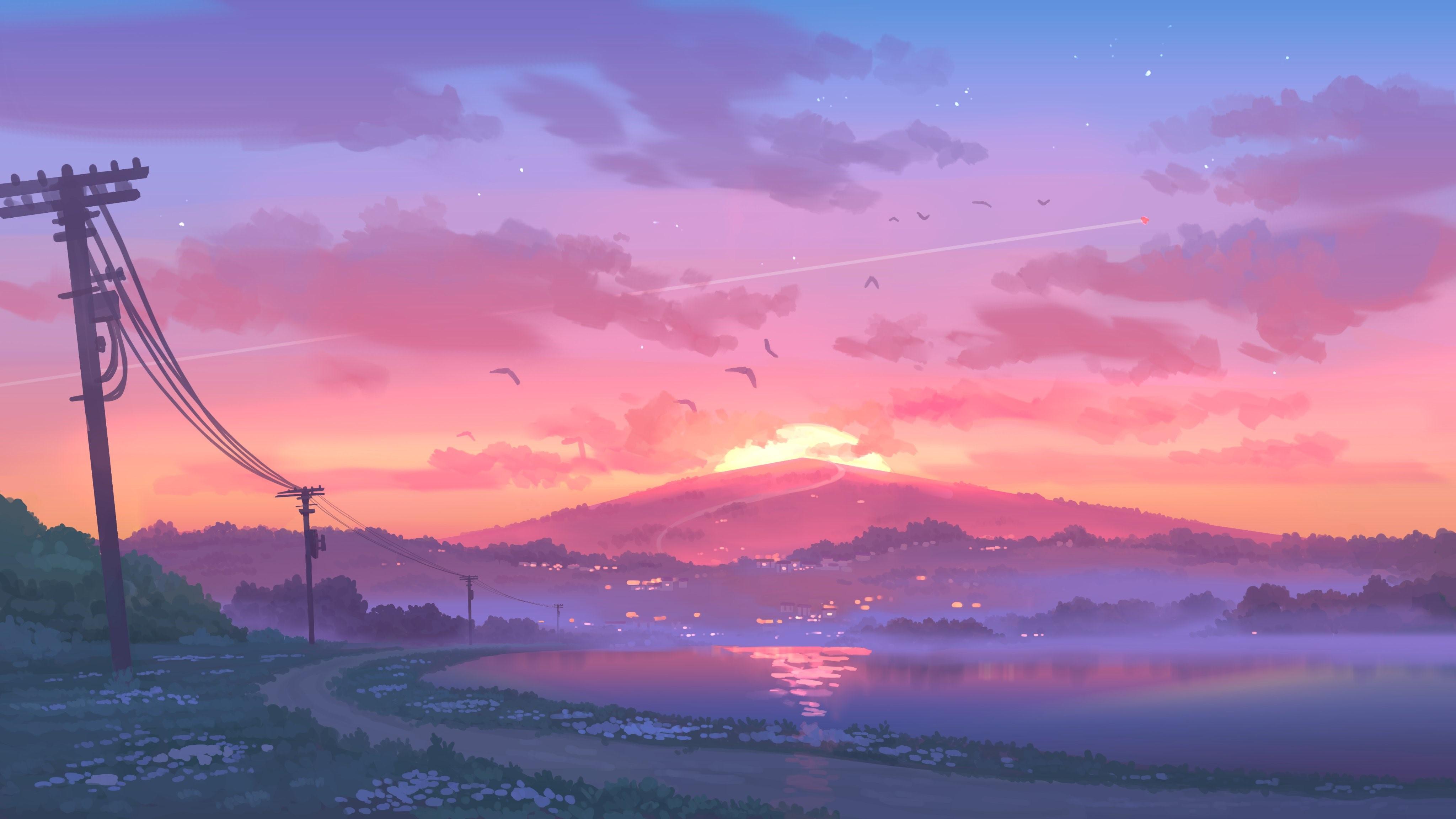 4096x2303 4K, artwork, nature, lake, sunset, digital art HD Wallpaper