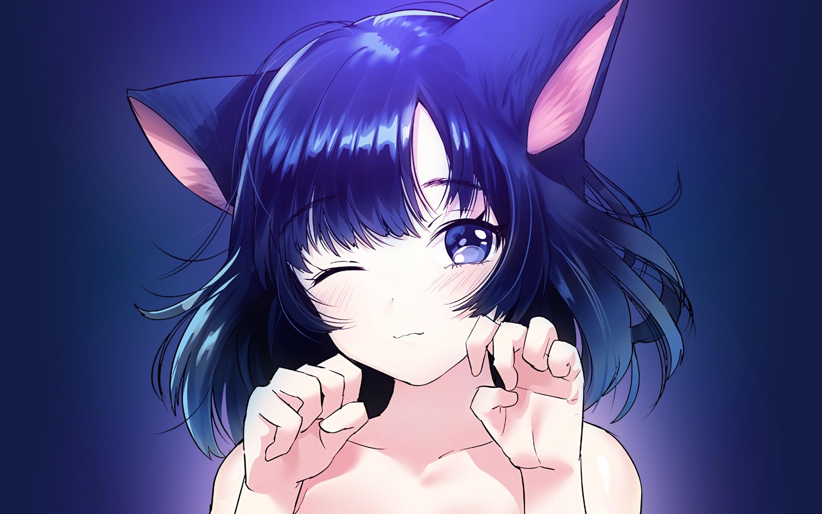 2880x1800 Download 2880x1800 Anime Girl, Cat Ears, Neko, Wink, Blue Hair Wallpaper for MacBook Pro 15 inch