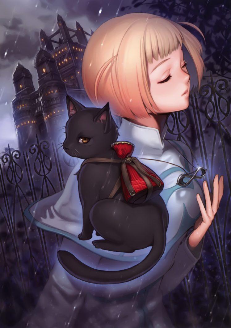 748x1061 original, Anime, Girl, Cat, Short, Hair Wallpaper HD / Desktop and Mobile Background