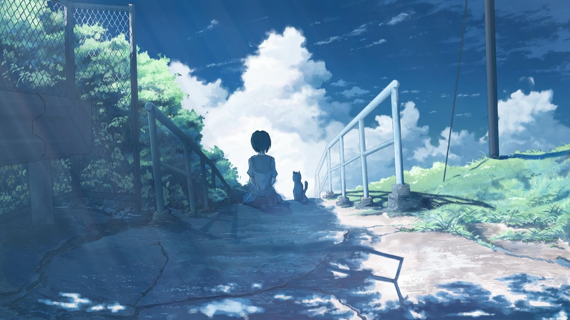 1920x1080 Desktop Wallpaper Anime Girl And Cat, Landscape, Outdoor, HD Image, Picture, Background, 834a2c