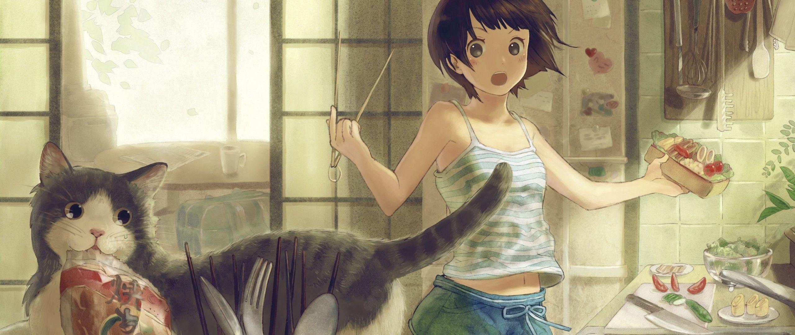 2560x1080 Download wallpaper 2560x1080 anime, girl, cat, room dual wide 1080p HD background