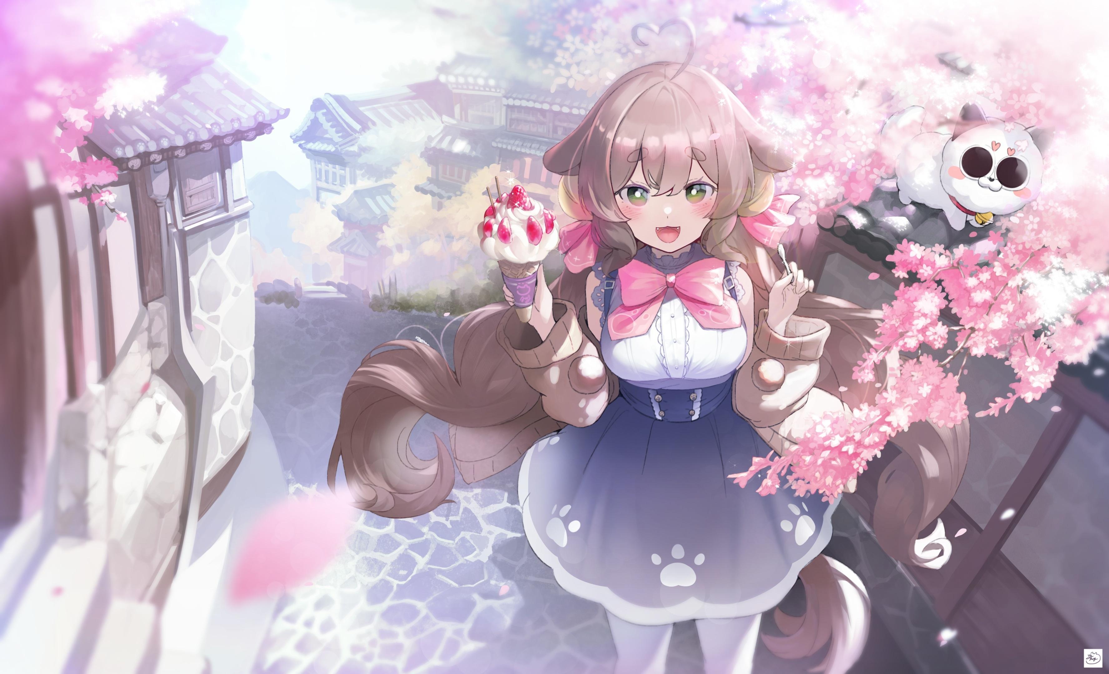 3551x2160 Wallpaper Sakura Blossom, Animal Ears, Ice Cream, Cute Anime Girl, Cat, Street, Buildings, Long Hair:3551x2160