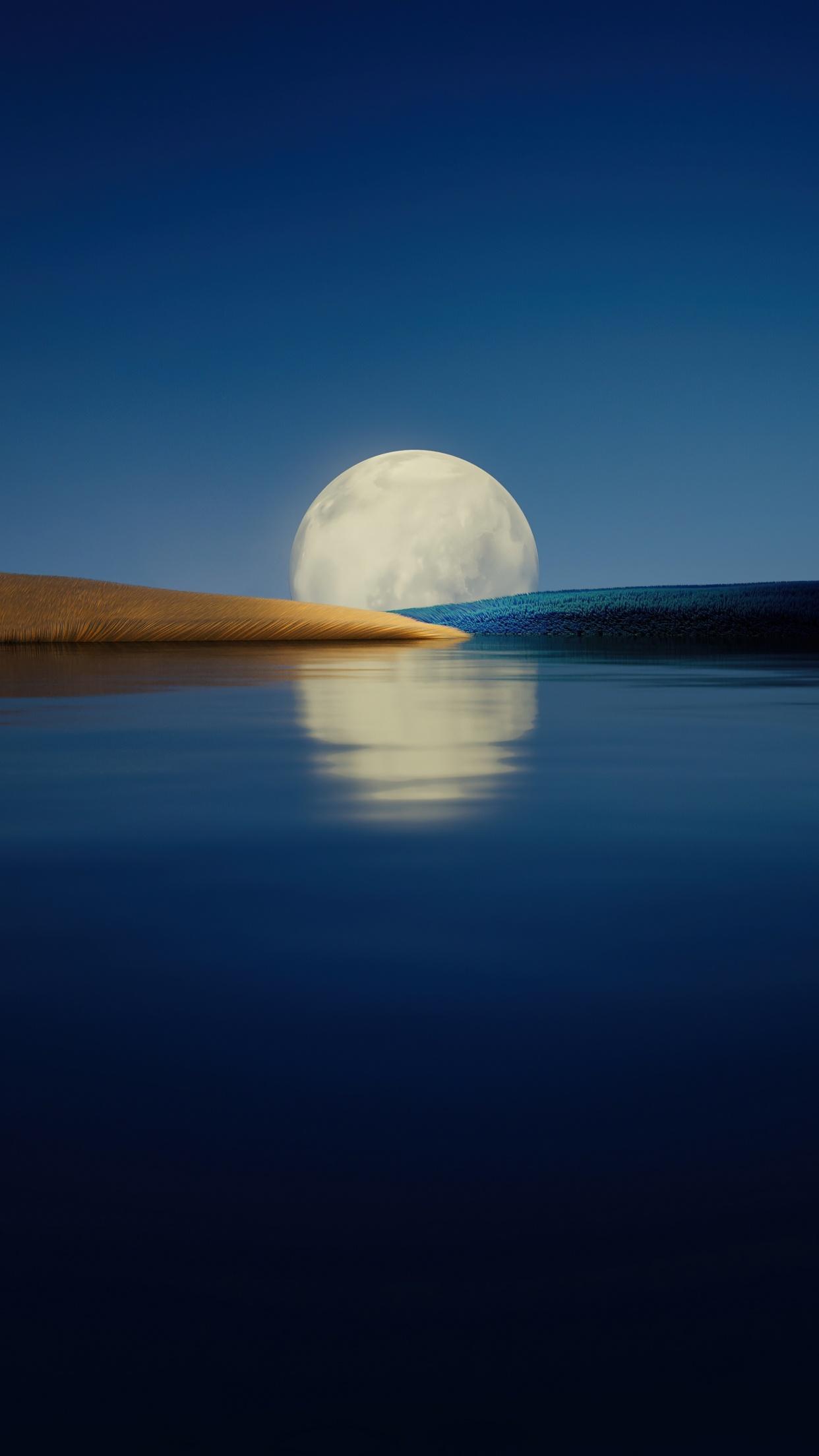 1242x2208 Huawei P50 Pocket Wallpaper 4K, Evening sky, Moon, Body of Water, Reflection, Nature