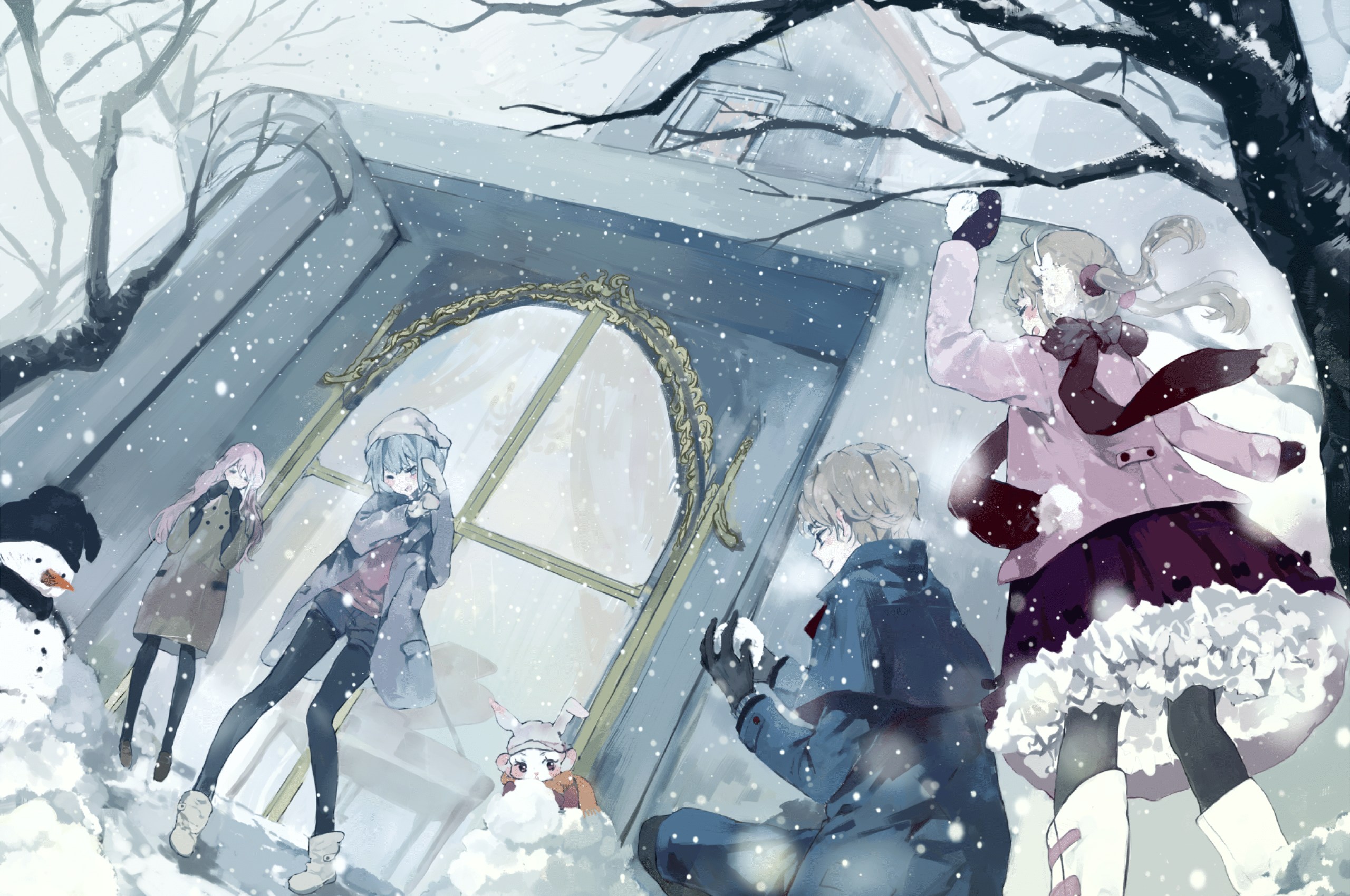 2560x1700 Download 2560x1700 Anime Winter, Snow, Tree, Snowball, Snowman Wallpaper for Chromebook Pixel