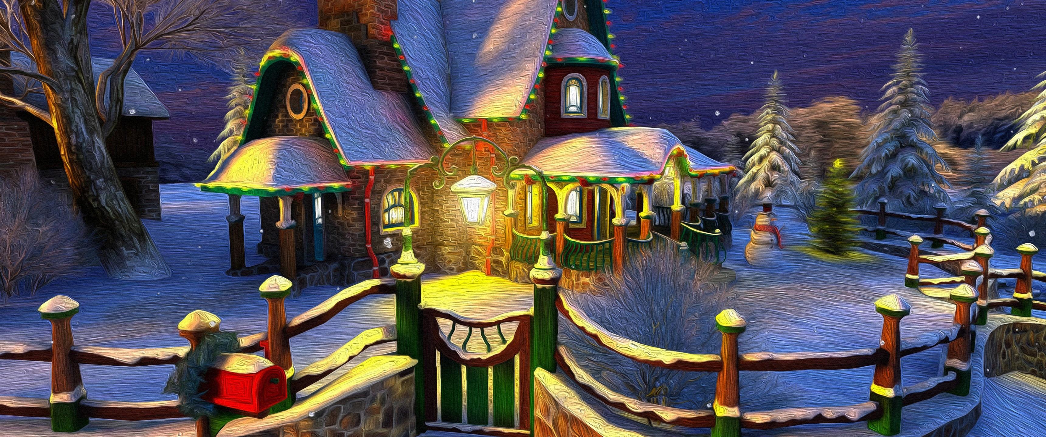 3440x1440 Download 3440x1440 Cozy House, Christmas Door, Fence, Snow, Winter Wallpaper