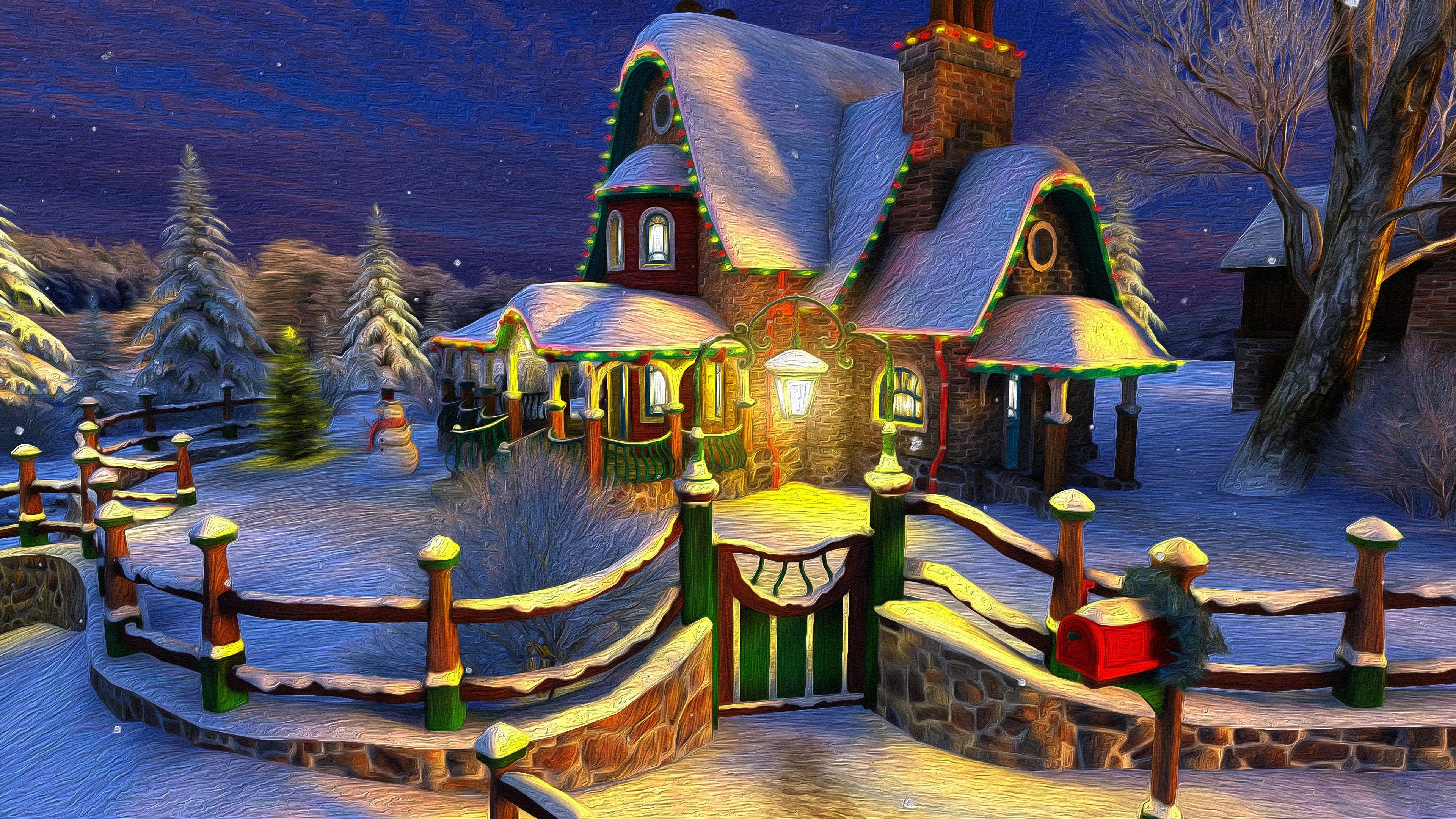 3840x2160 Wallpaper Fence, Snow, Winter, Christmas, Door, Cozy House:3840x2160