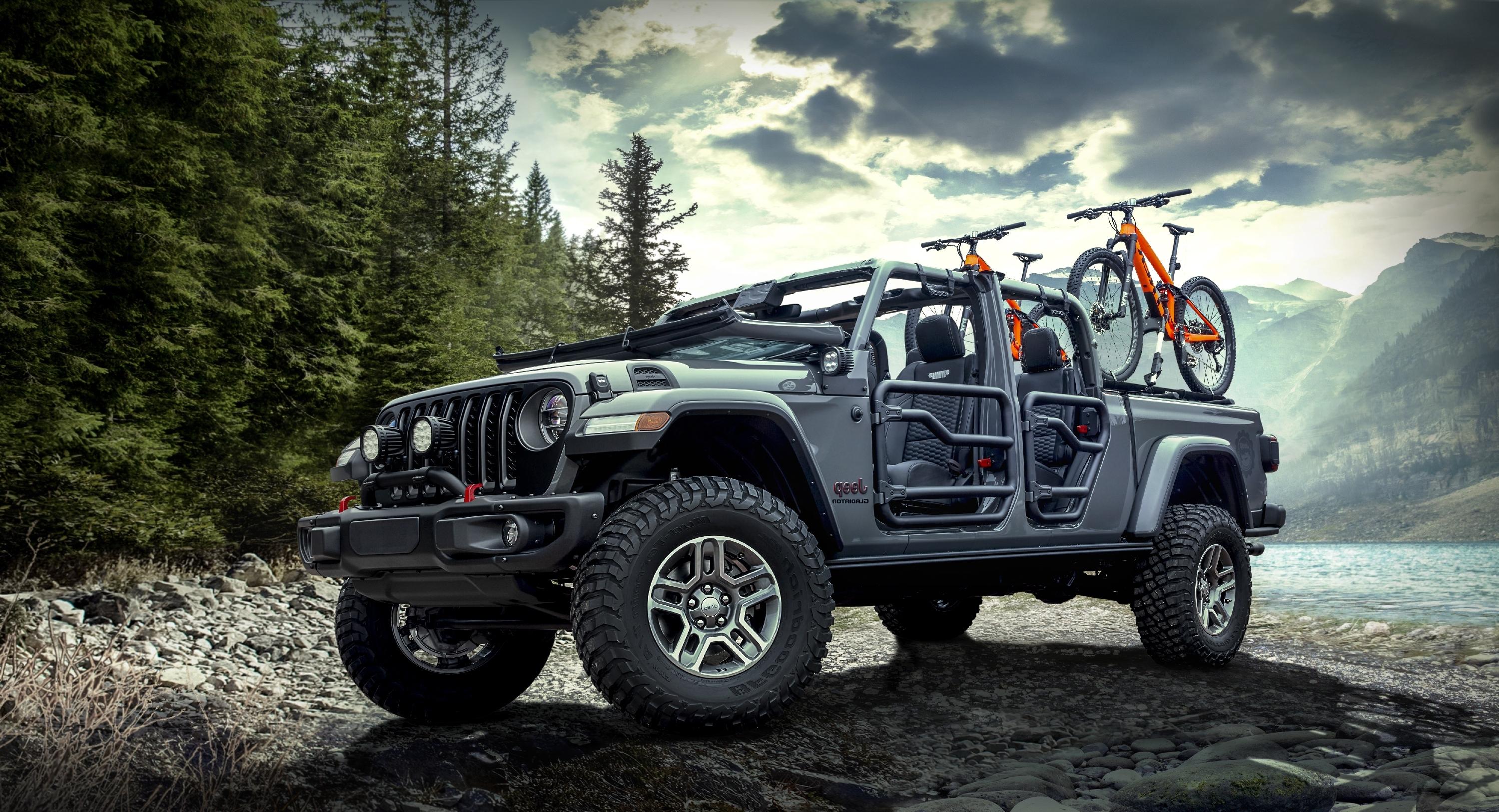 3000x1626 Wallpaper Forest, Bicycle, Jeep Gladiator Rubicon, Nature, 4X4 Cars:3000x1626