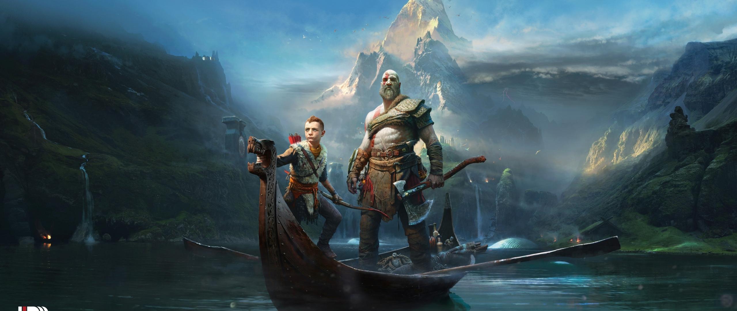 2560x1080 Wallpaper God Of War Mountains, Kratos, Boat, Artwork, Atreus:5336x2969