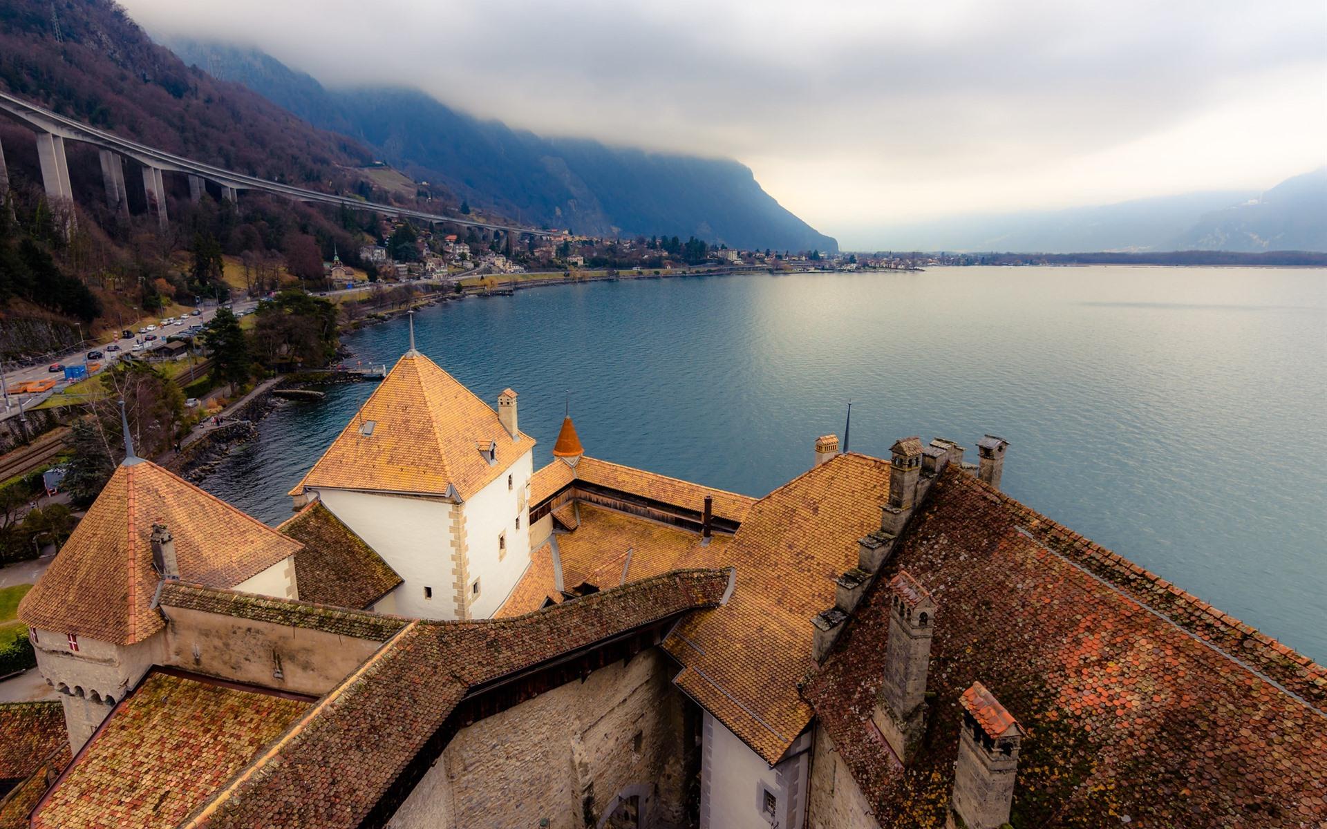 1920x1200 Wallpaper Switzerland, Lake Geneva, mountains, houses 1920x1200 HD Picture, Image