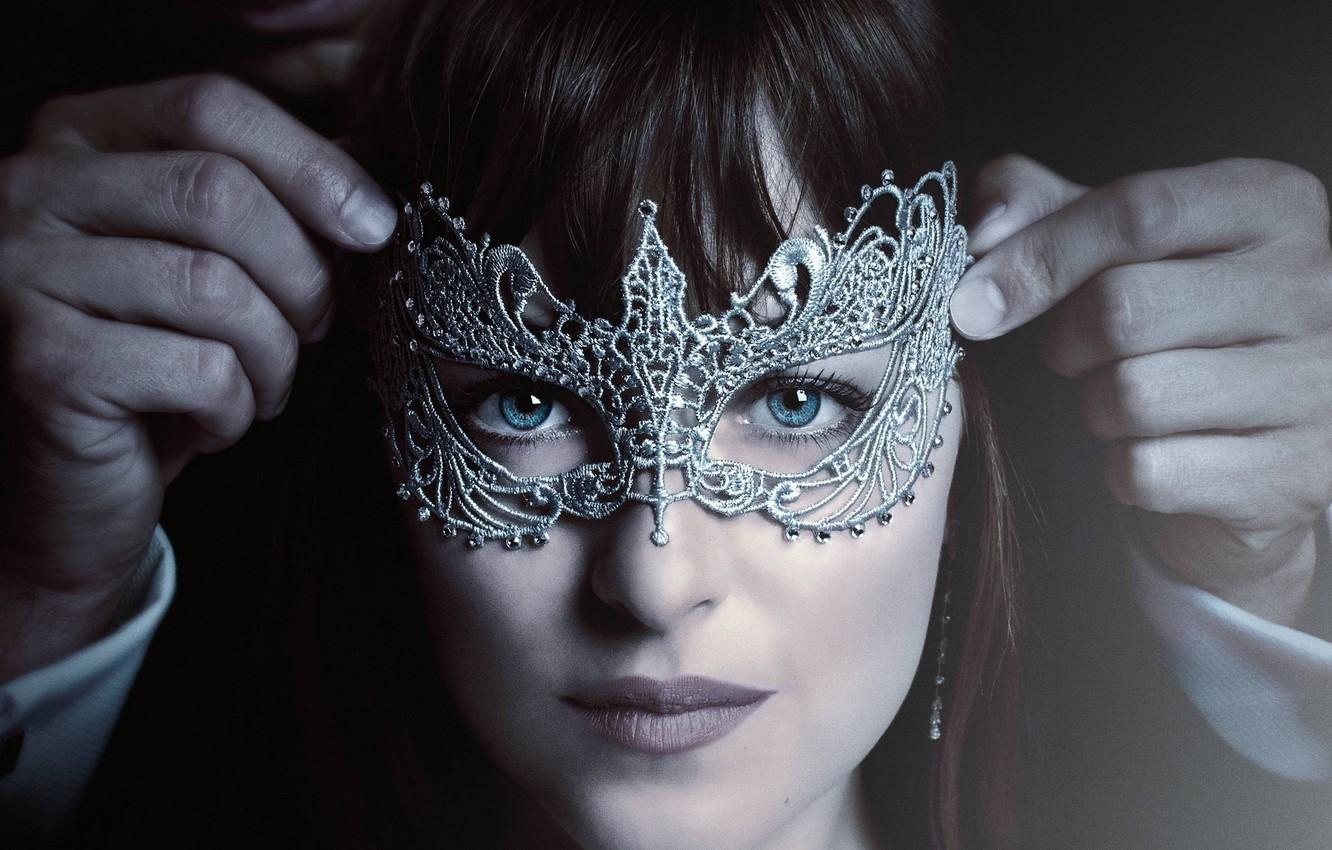 1332x850 Wallpaper cinema, wallpaper, girl, woman, eyes, blue eyes, movie, face, hand, film, mask, Dakota Johnson, Fifty Shades of Grey, Anastasia Steele, Fifty Shades Darker, HD image for desktop, section фильмы
