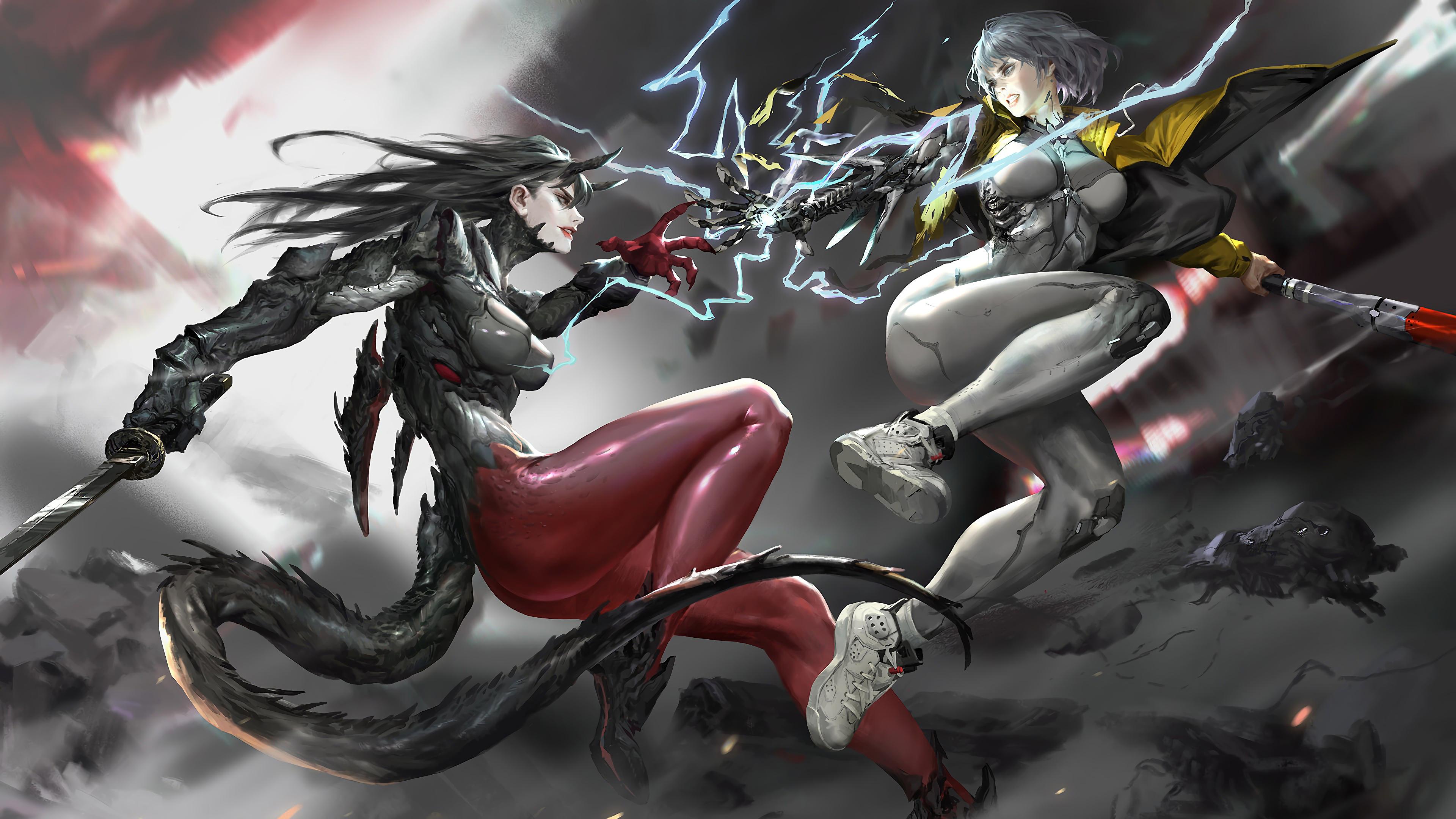 3840x2160 Sci Fi Girls Fighting 4K Wallpaper