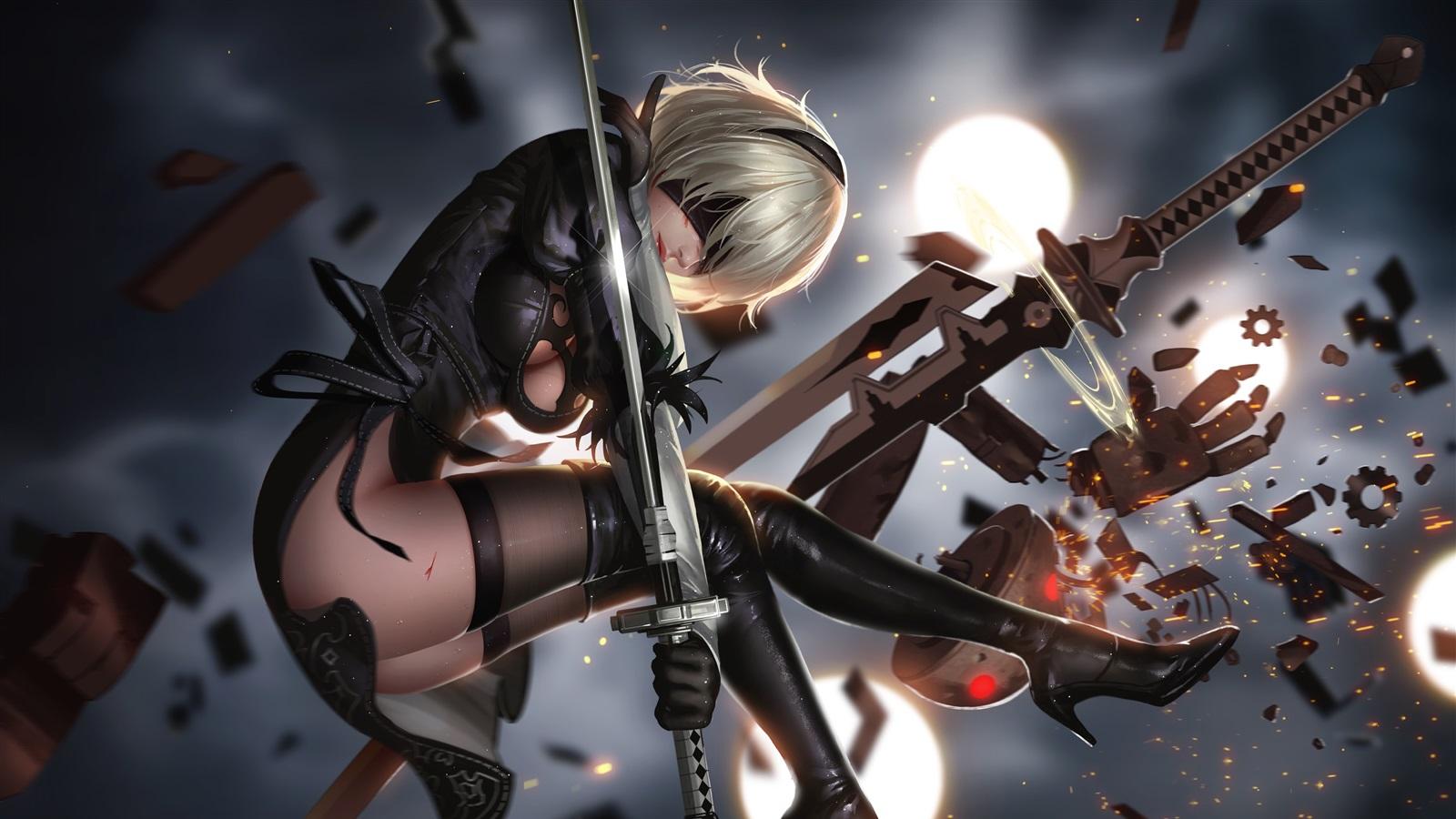 1600x900 Wallpaper Nier: Automata, girl, sword, fight 3840x2160 UHD 4K Picture, Image