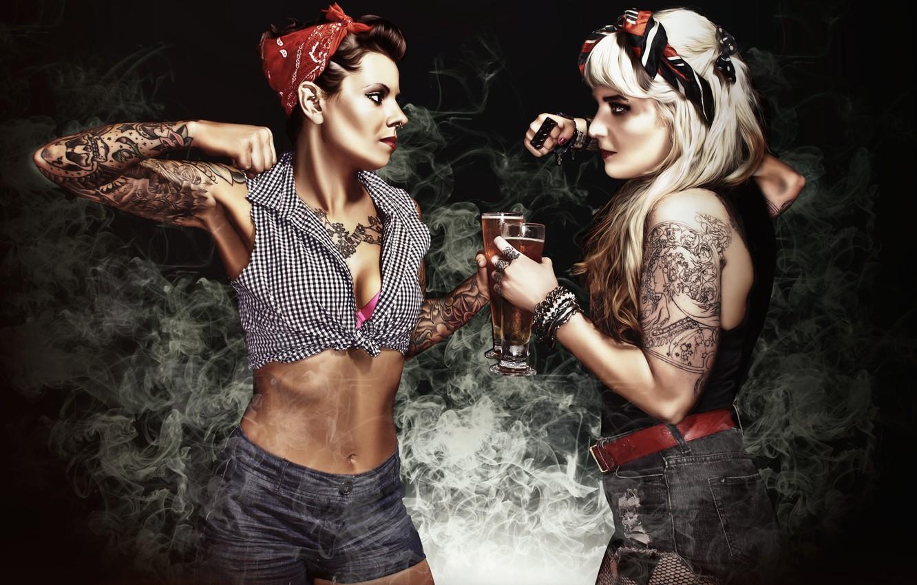 1332x850 Wallpaper girls, smoke, beer, tattoo, fight, girls, photographer, fight, knuckles, boxing, Brad Kingett image for desktop, section девушки