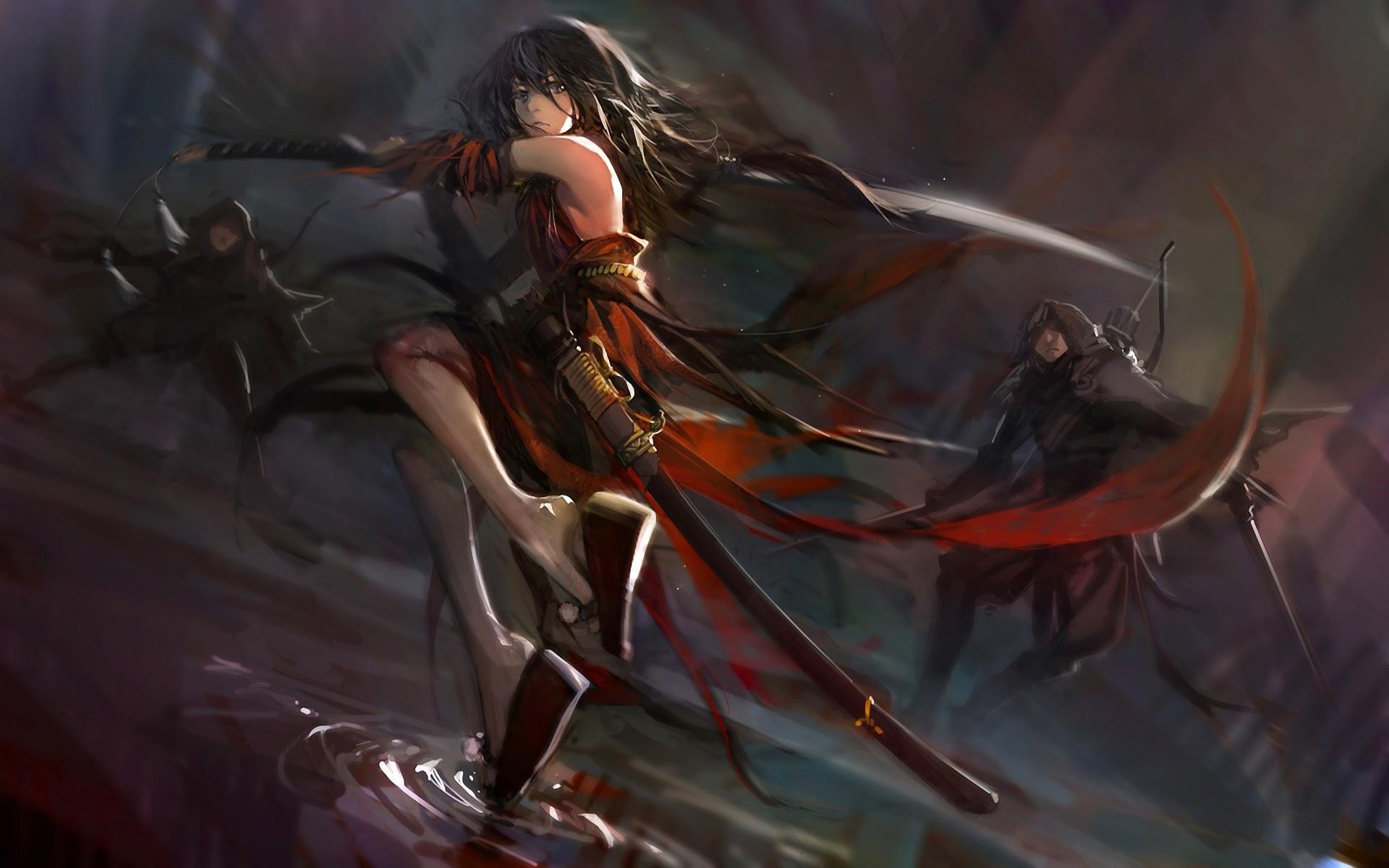 Lexica  Anime style medieval outfit combat stance plain background girl  fighting with sword