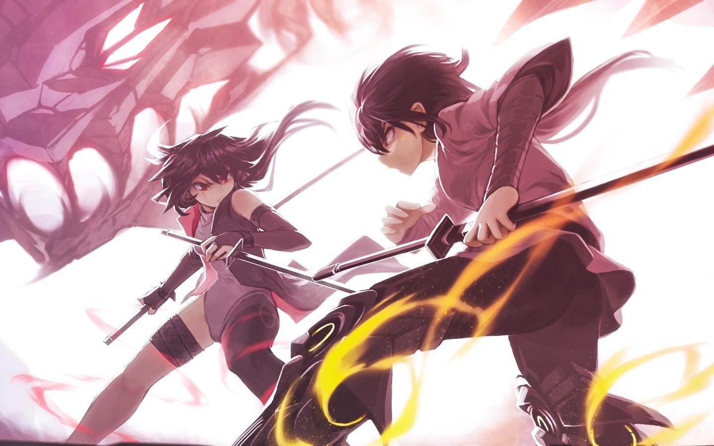1440x900 Anime Battle, Katana, Fighting, Dragon, Fire Boy And Girl Fight HD Wallpaper