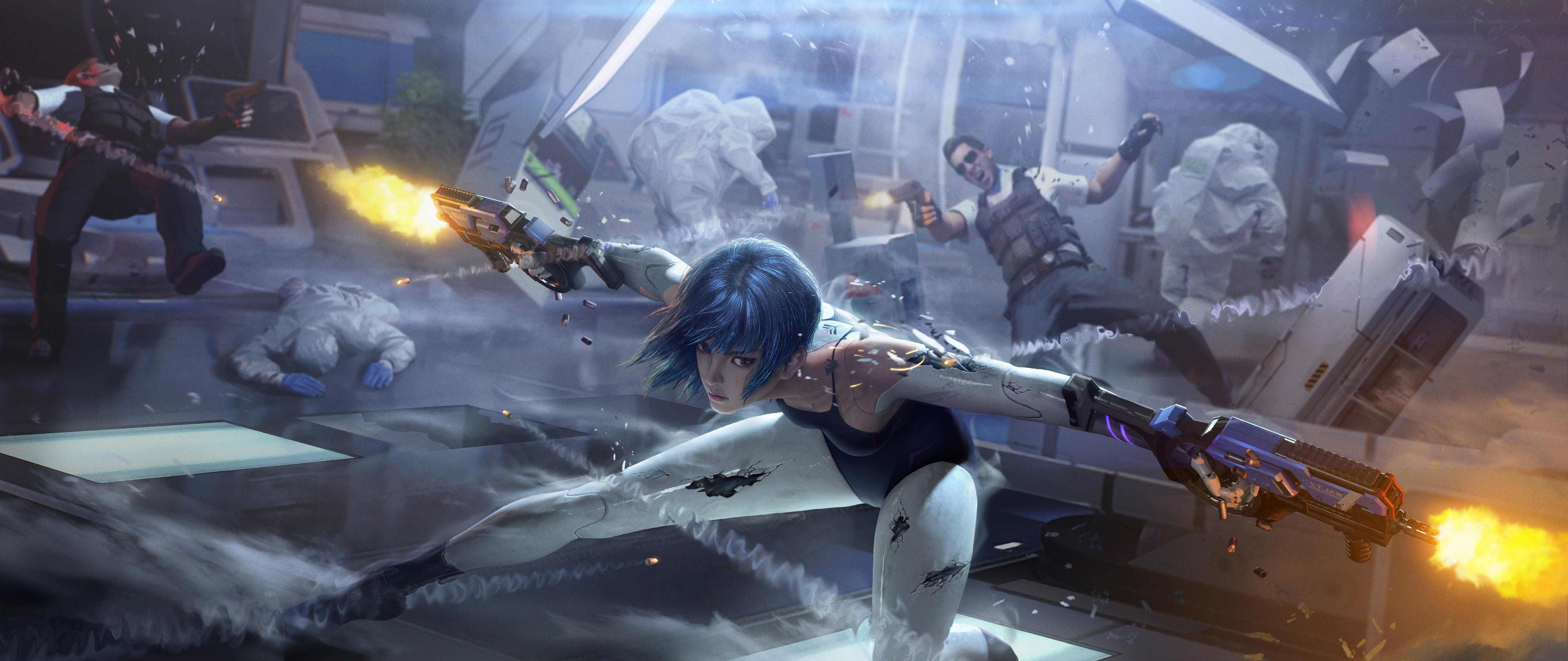 5120x2160 Cyberpunk Girl Gun Fight Pistol Sci Fi Cyber Hunter 8K Wallpaper