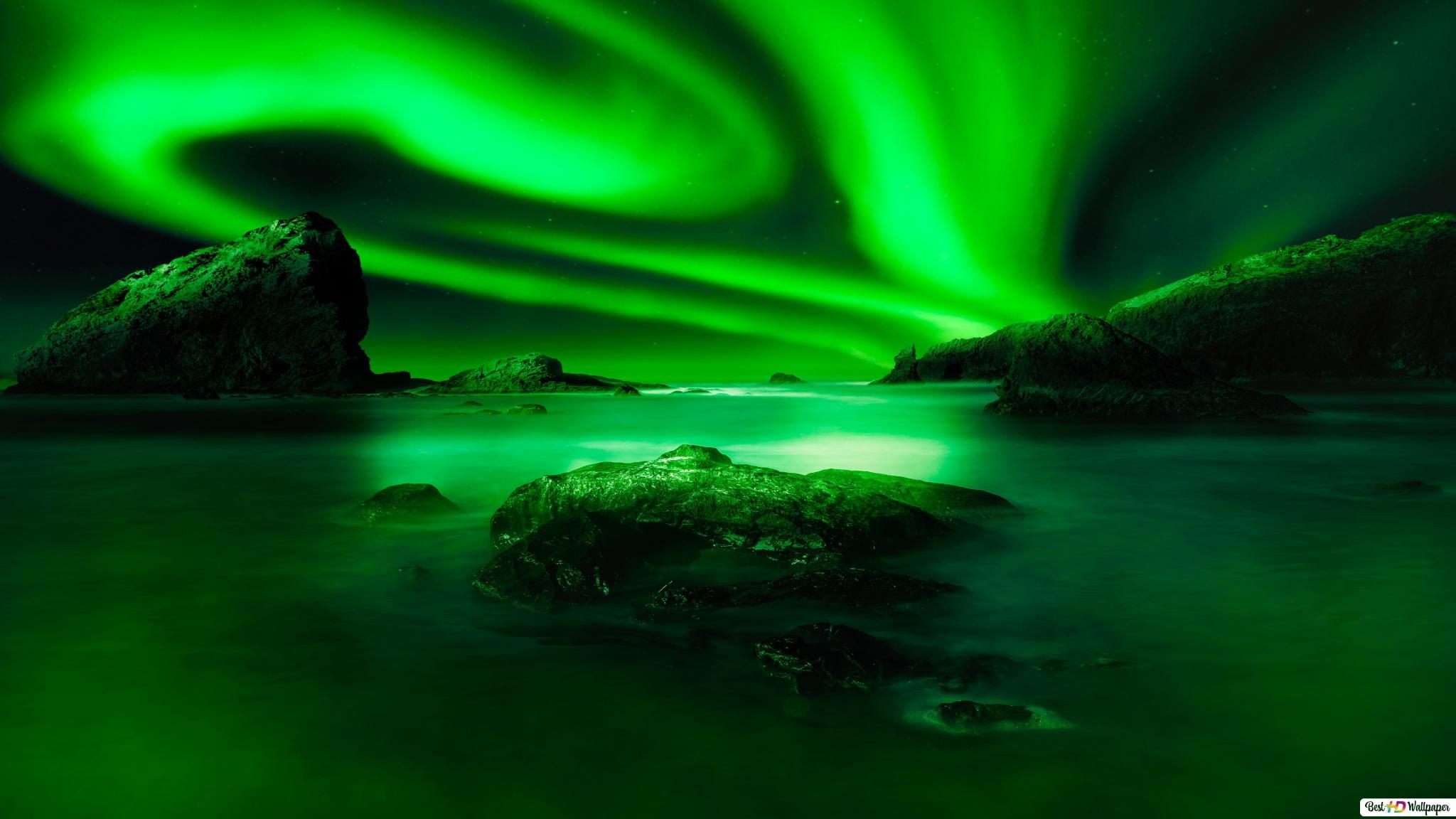 2048x1152 Green aurora northern lights sky HD wallpaper download