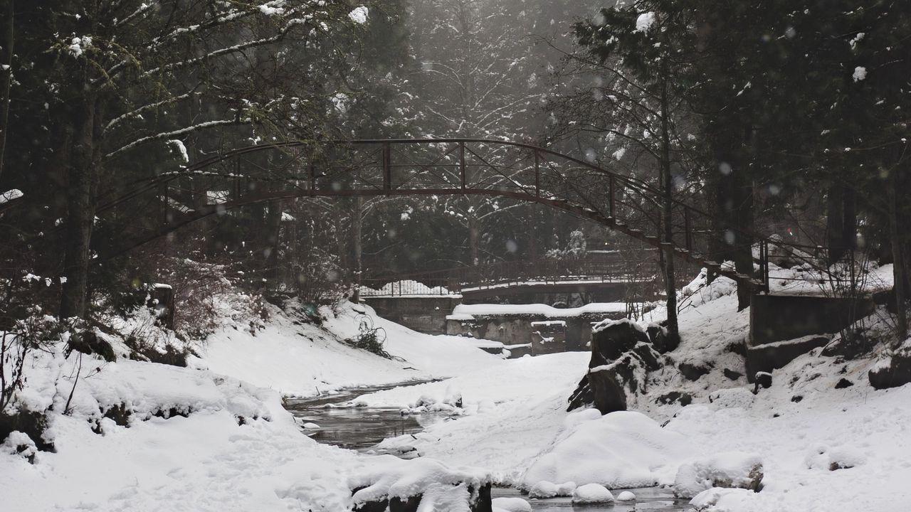 1280x720 Wallpaper river, bridge, snow, trees, winter hd, picture, image