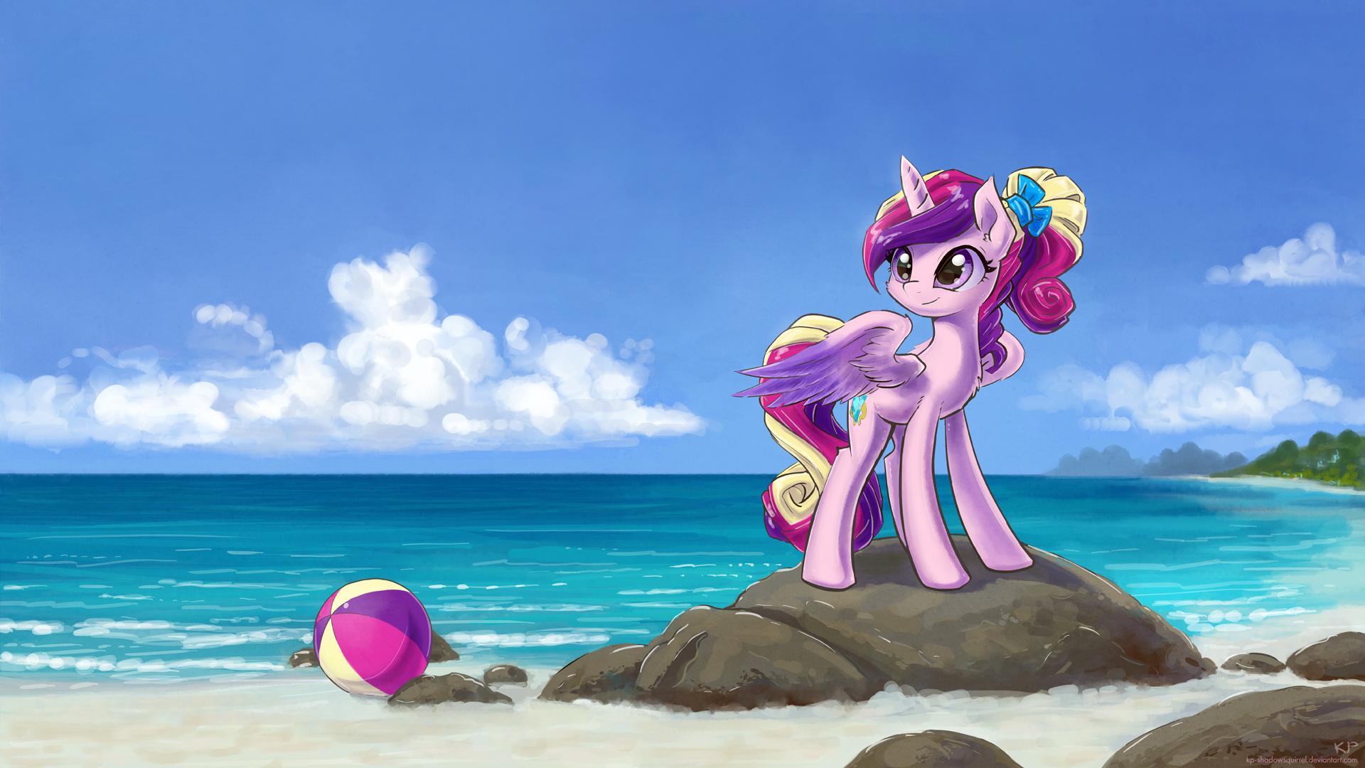 1920x1080 Safe, Artist:kp Shadowsquirrel, Character:princess Cadance, Species:alicorn, Species:pony, Beach, Beach Ball, Bow, Chest Fluff, Cloud, Cute, Cutedance, Female, Hair Bow, Ocean, Sky, Smiling, Solo, Teen Princess Cadance, Wallpaper, Younger