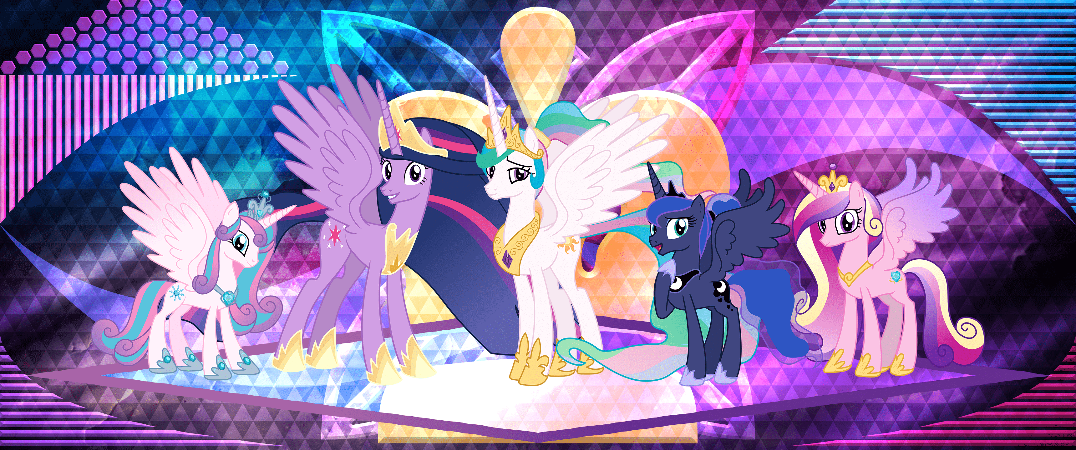 3440x1440 safe, artist:laszlvfx, artist:sketchmcreations, edit, princess cadance, princess celestia, princess flurry heart, princess luna, twilight sparkle, alicorn, pony, the last problem, alicorn pentarchy, older, princess twilight 2. twilight