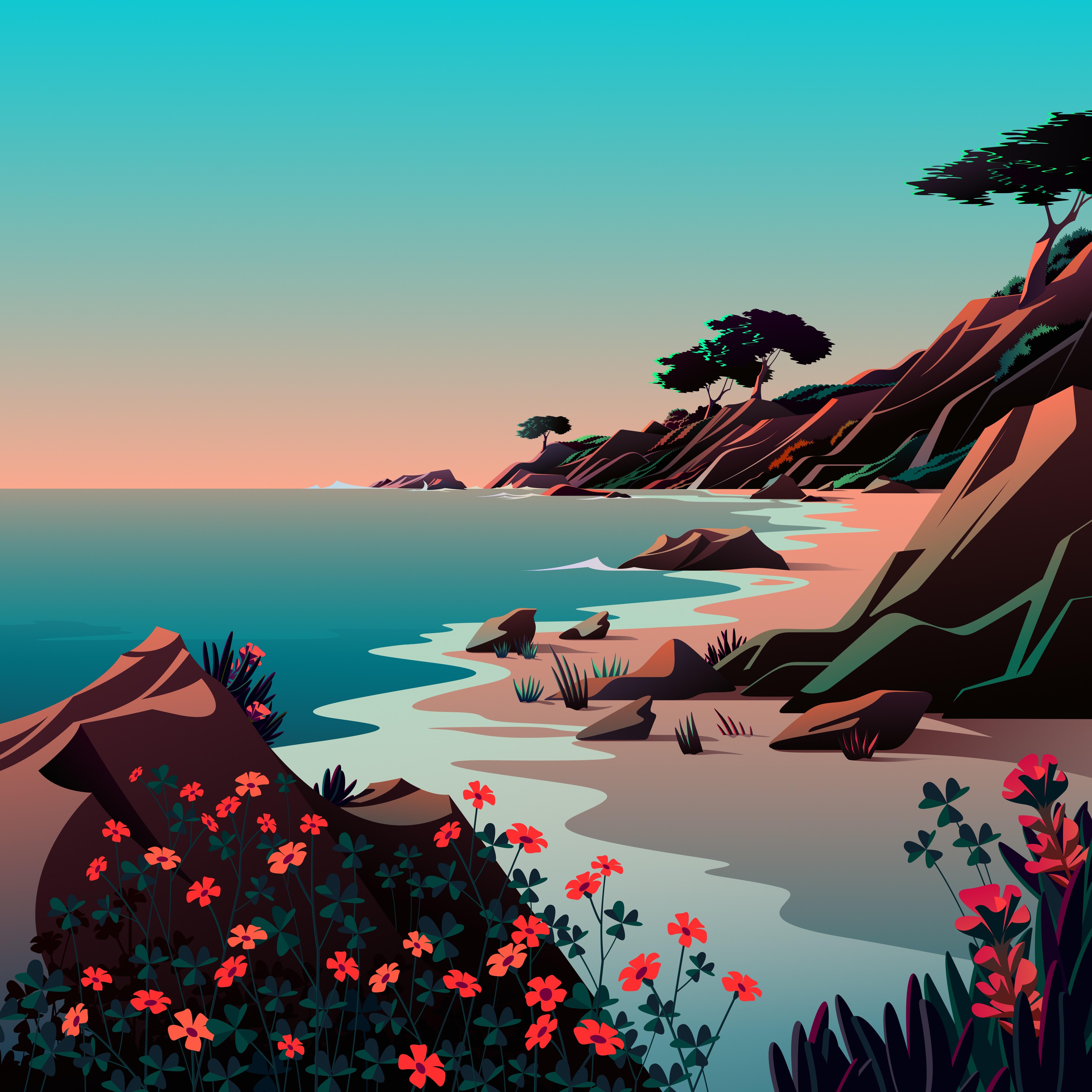 6016x6016 Beach Wallpaper 4K, Landscape, Morning, Scenery, Illustration, Nature