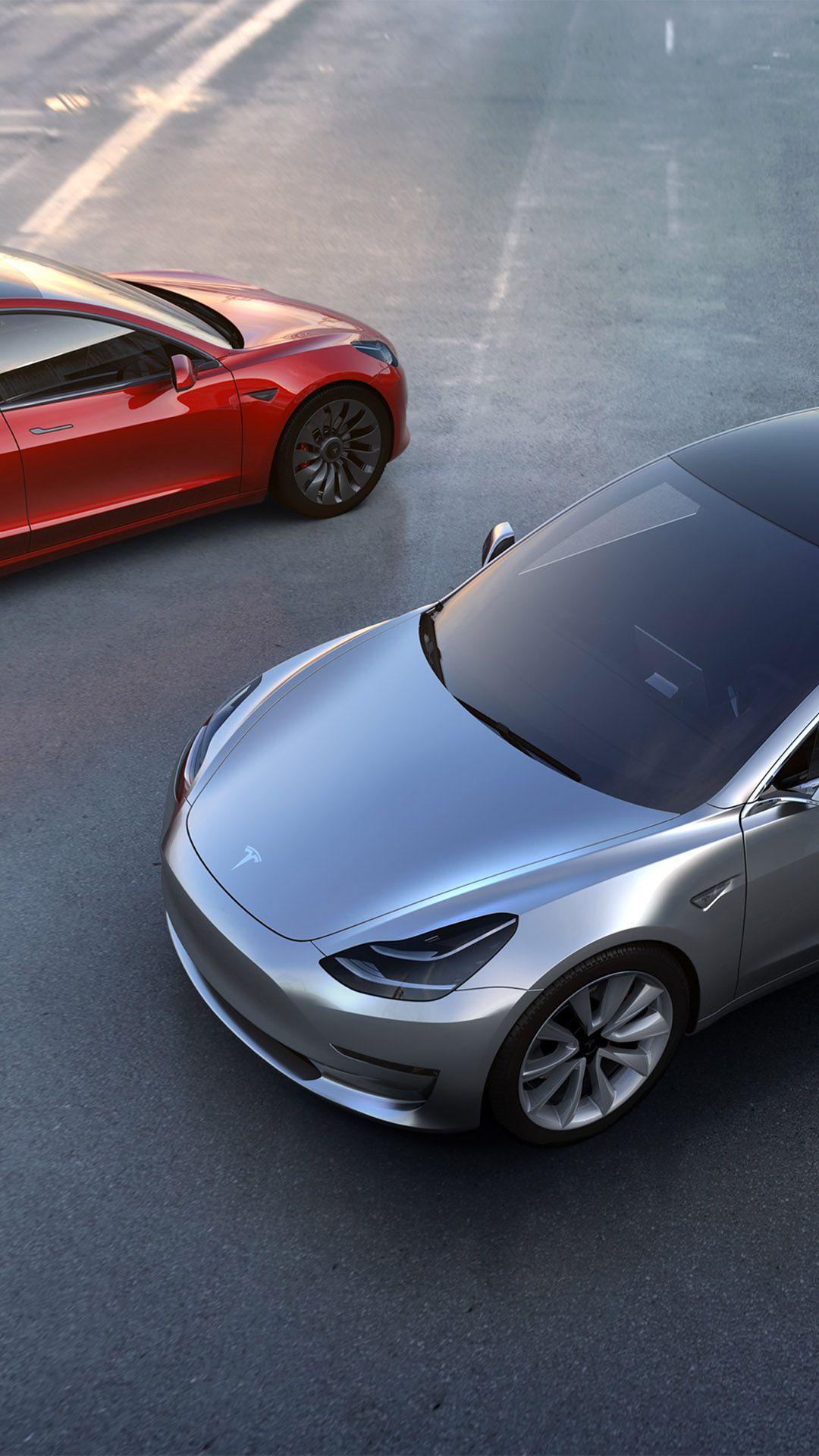 1080x1920 Tesla Model 3 Electric Car Red Silver Front Rear View Wallpaper