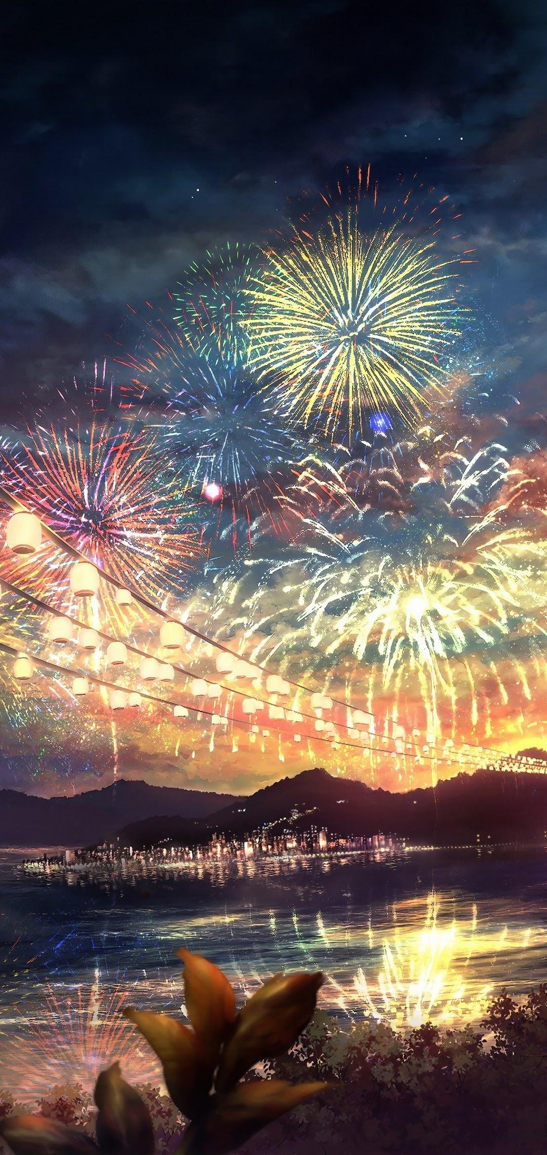 1080x2280 Anime Fireworks Festival Scenery Lanterns 4K Wallpaper