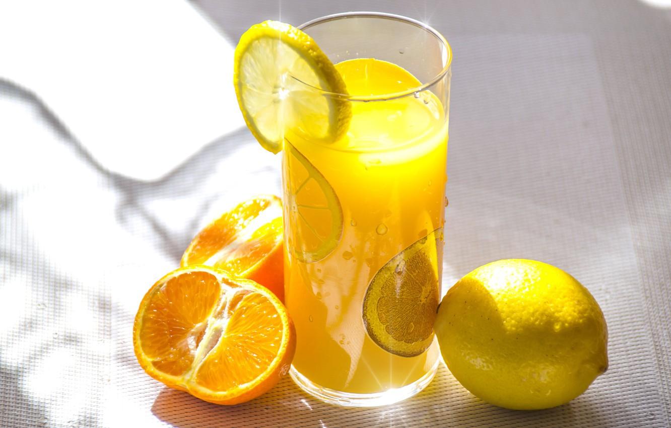 1332x850 Wallpaper glass, lemon, orange, fruit, citrus juice image for desktop, section еда