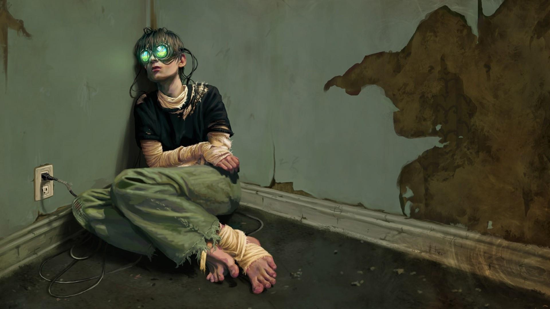 1920x1080 Wallpaper Sad Man, Room, Cyberpunk, Futuristic:1920x1080