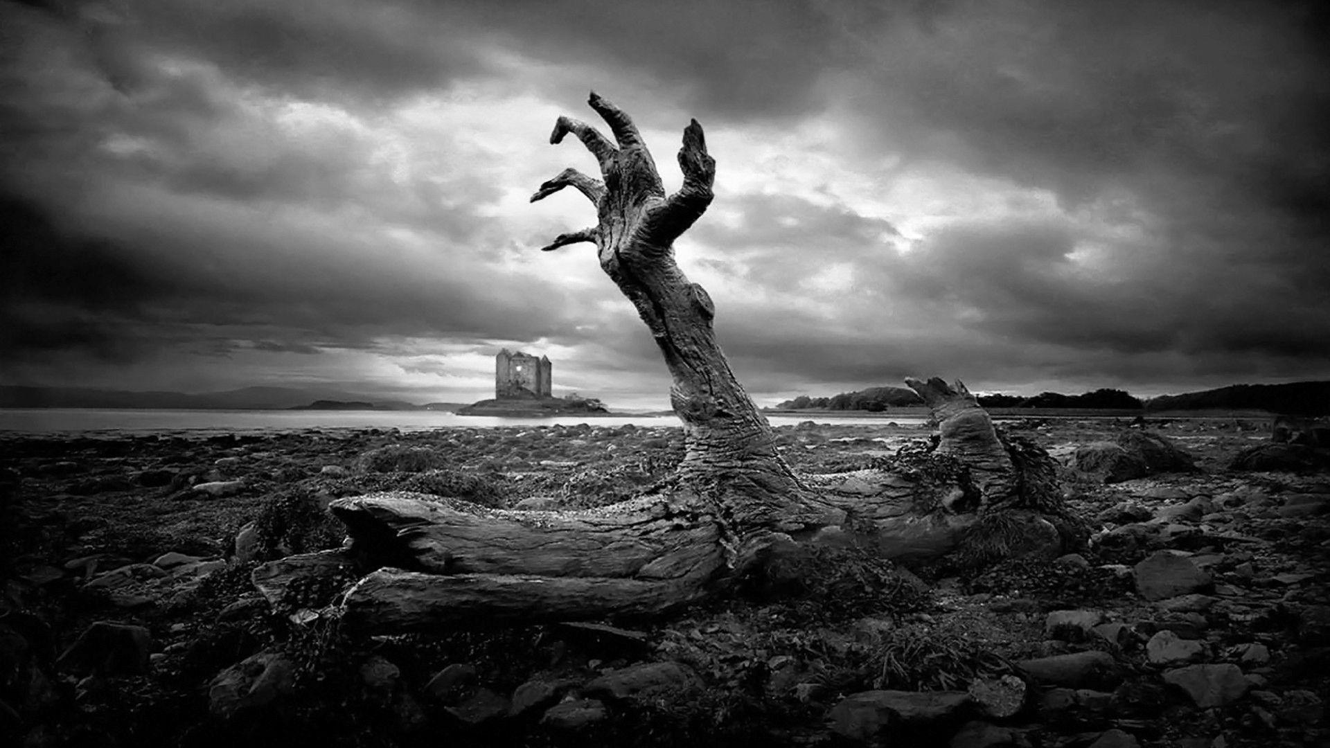 1920x1080 wood, Monochrome, Landscape, Clouds, Stones, Castle, Scotland