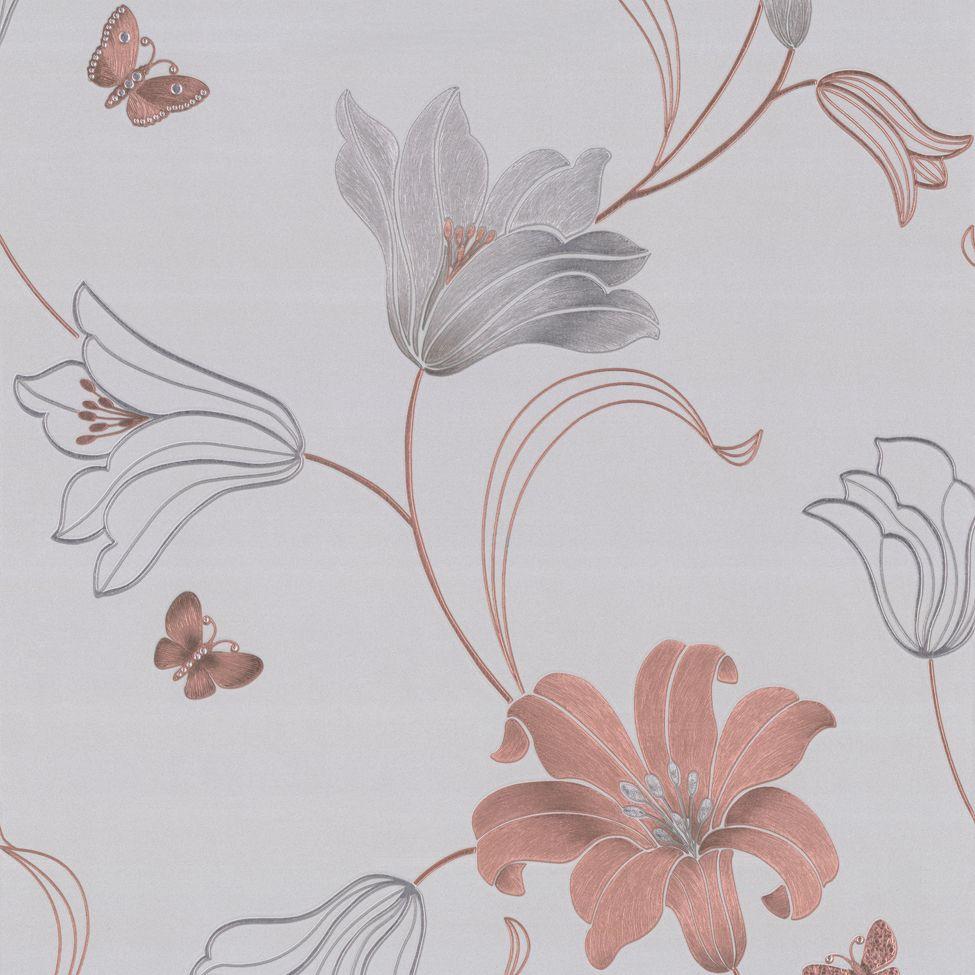 975x975 Muriva Couture Amelia Floral Vinyl Wallpaper- Stone Rose