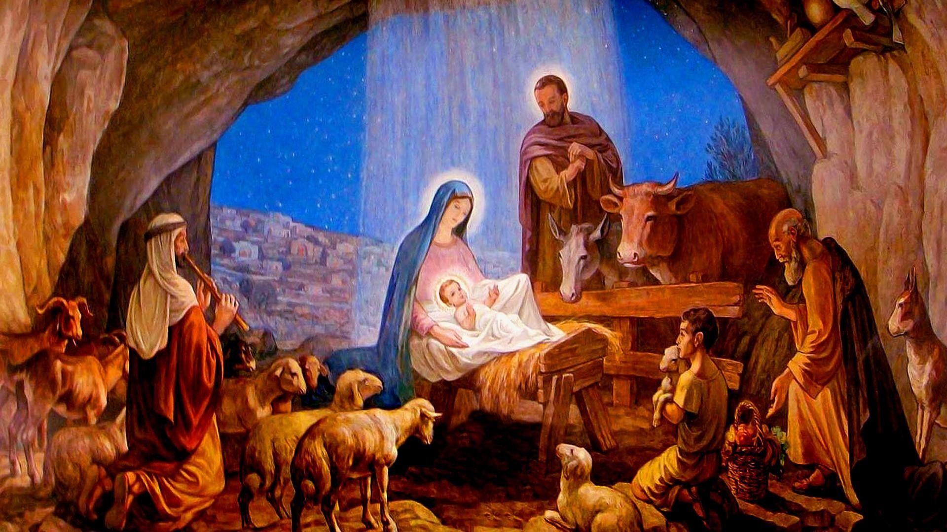 A beautiful christmas wallpaper depicting the birth Of Jesus