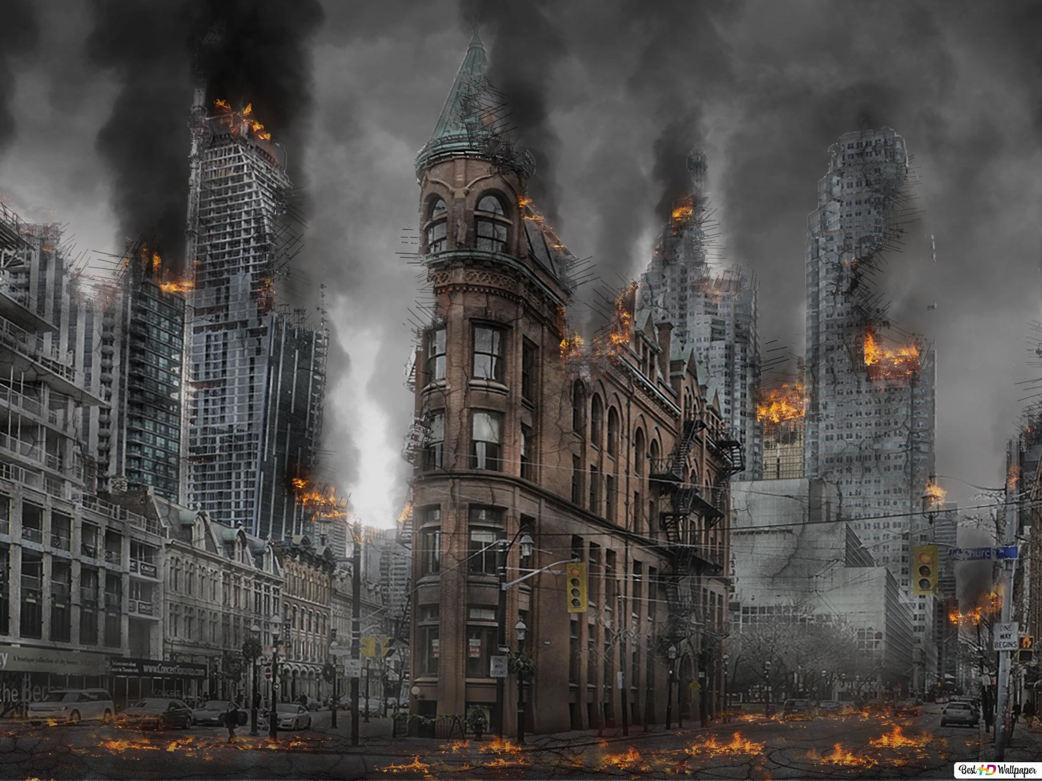 2048x1536 buildings burning in war HD wallpaper download