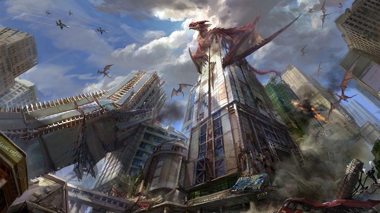 1280x720 Wallpaper dragons, city, skyscrapers, destruction hd, picture, image