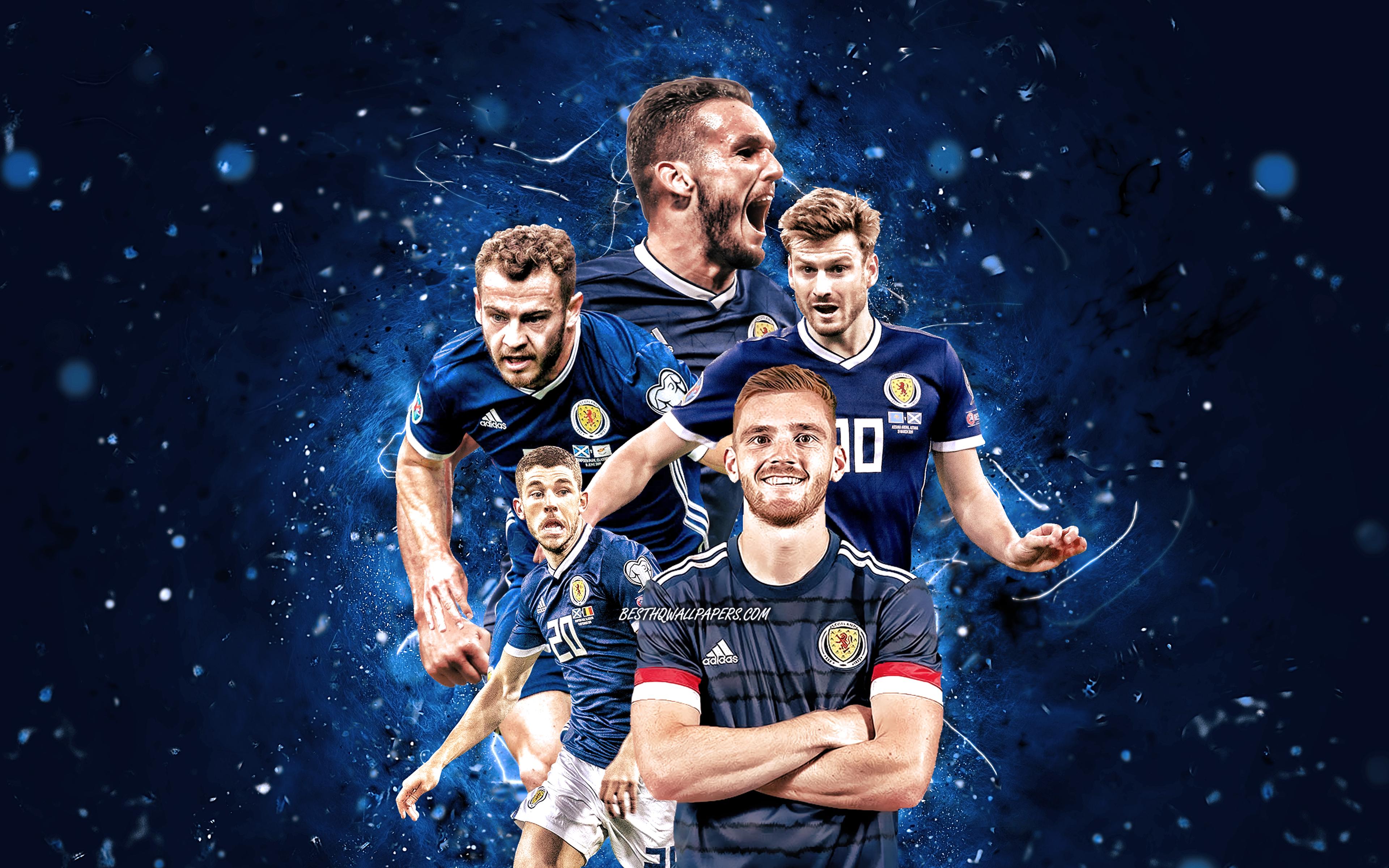 3840x2400 Download wallpaper Ryan Christie, Andy Robertson, John McGinn, Ryan Fraser, Stuart Armstrong, 4k, Scotland national football team, soccer, footballers, blue neon lights, Scottish football team for desktop with resolution 3840x2400. High Quality