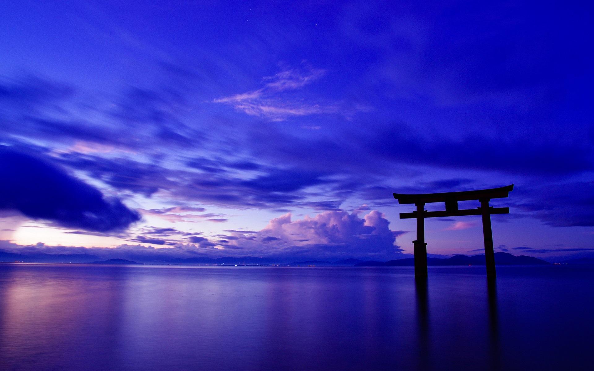 1920x1200 Wallpaper Japan, ocean, sky, clouds, gate, torii, dusk 1920x1200 HD Picture, Image