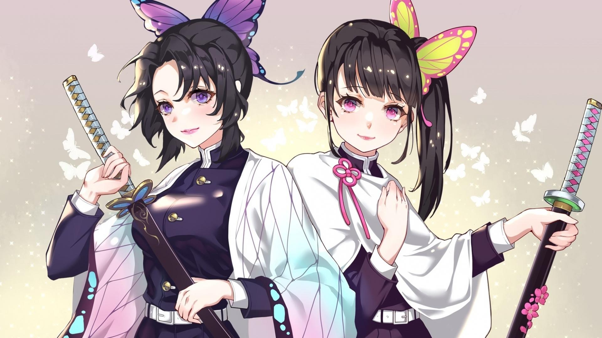 1920x1080 Wallpaper Kimetsu No Yaiba, Ponytail, Kochou Shinobu, Demon Slayer, Black Hair, Tsuyuri Kanao, Katana:1983x1359