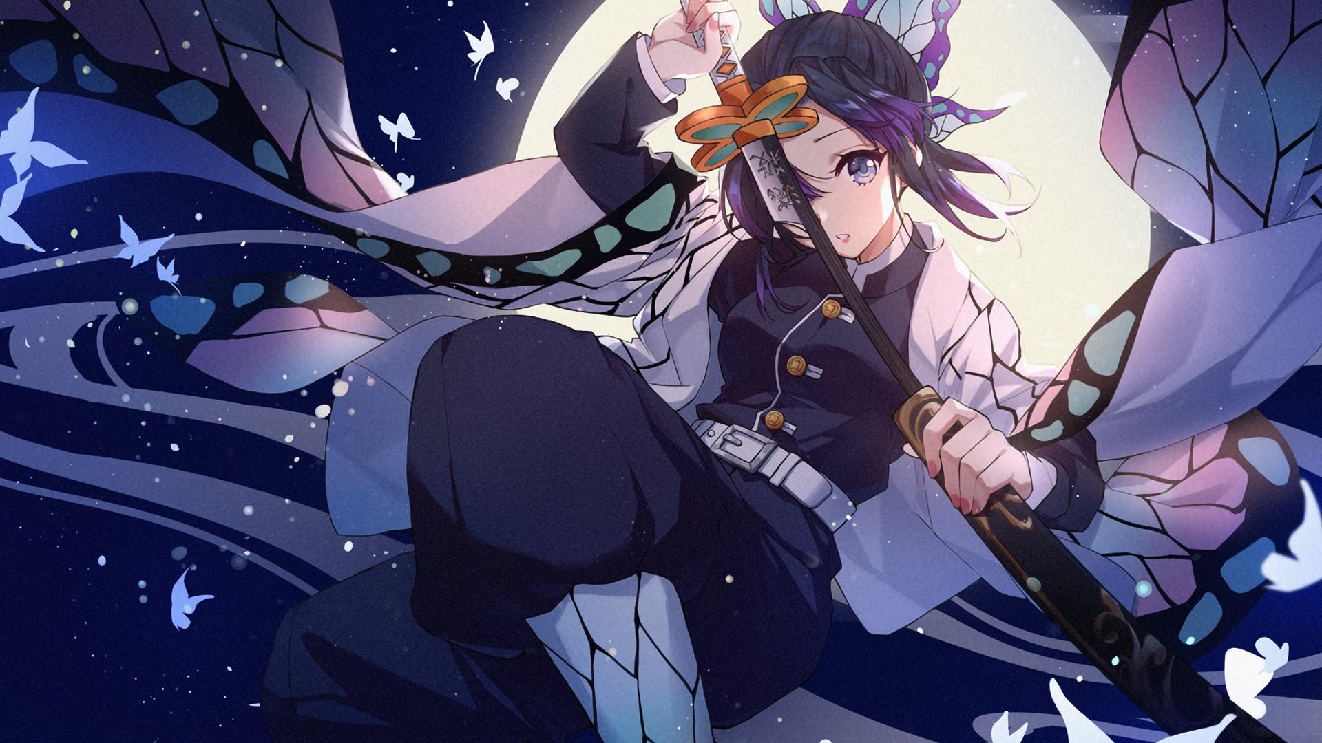 1920x1080 Demon Slayer Shinobu Kochou With Sword With Background Of Dark Sky Moon And Butterflies HD Anime Wallpaper