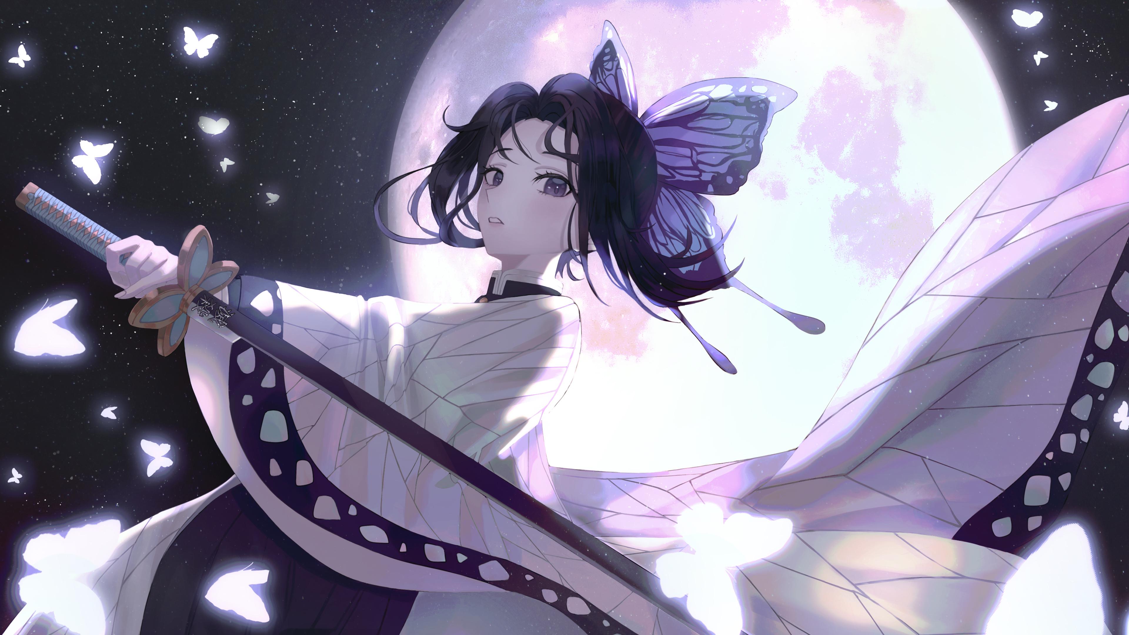 3840x2160 Demon Slayer Butterfly Girl Shinobu Kochou With Sword With Backgound Of Bright Moon Dark Sky And Stars 4K HD Anime Wallpaper
