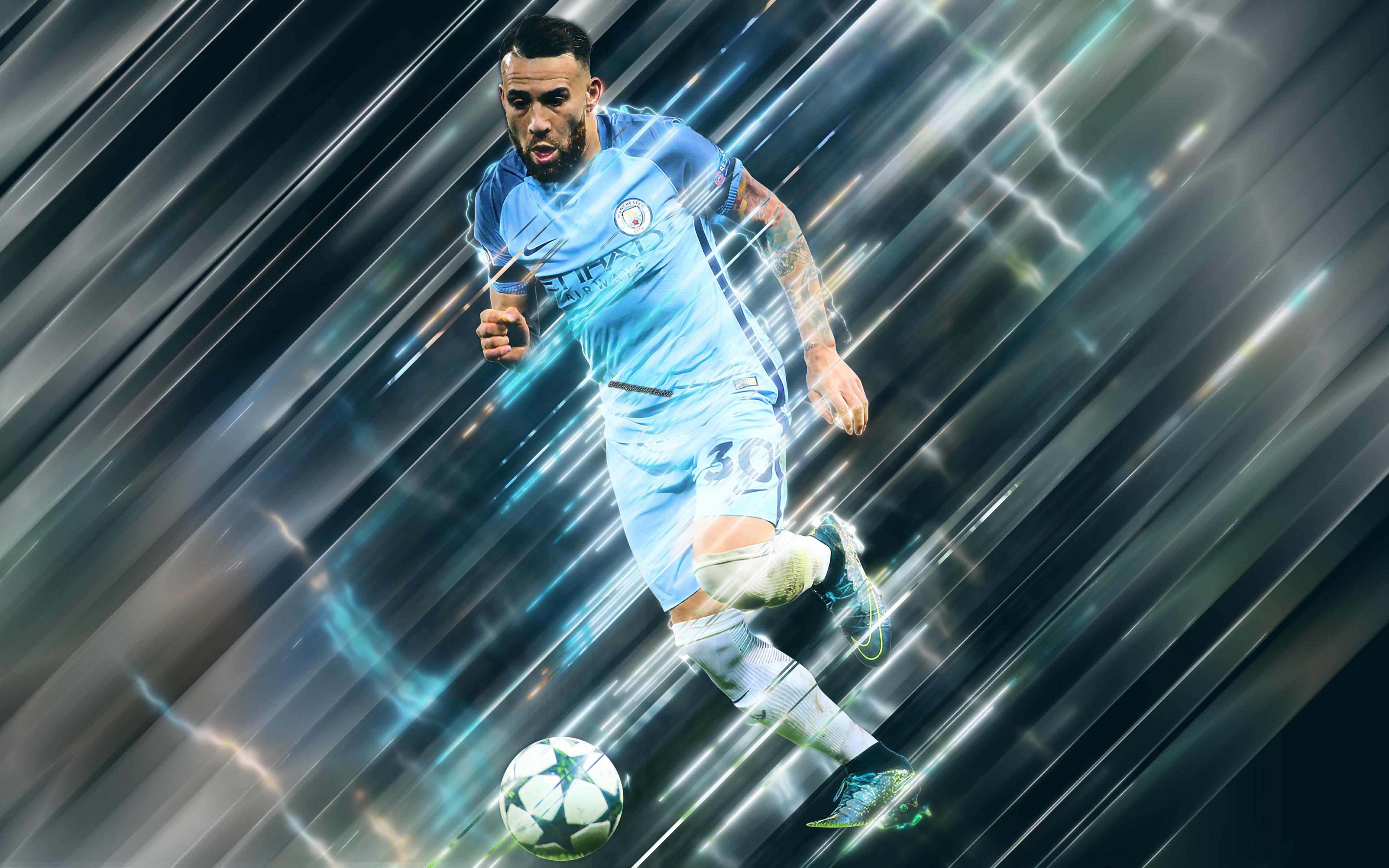 3840x2400 Download wallpaper Nicolas Otamendi, 4k, creative art, blades style, Manchester City FC, Argentinian footballer, Premier League, England, blue background, football, central defender, Man City FC, Otamendi for desktop with resolution 3840x2400. High