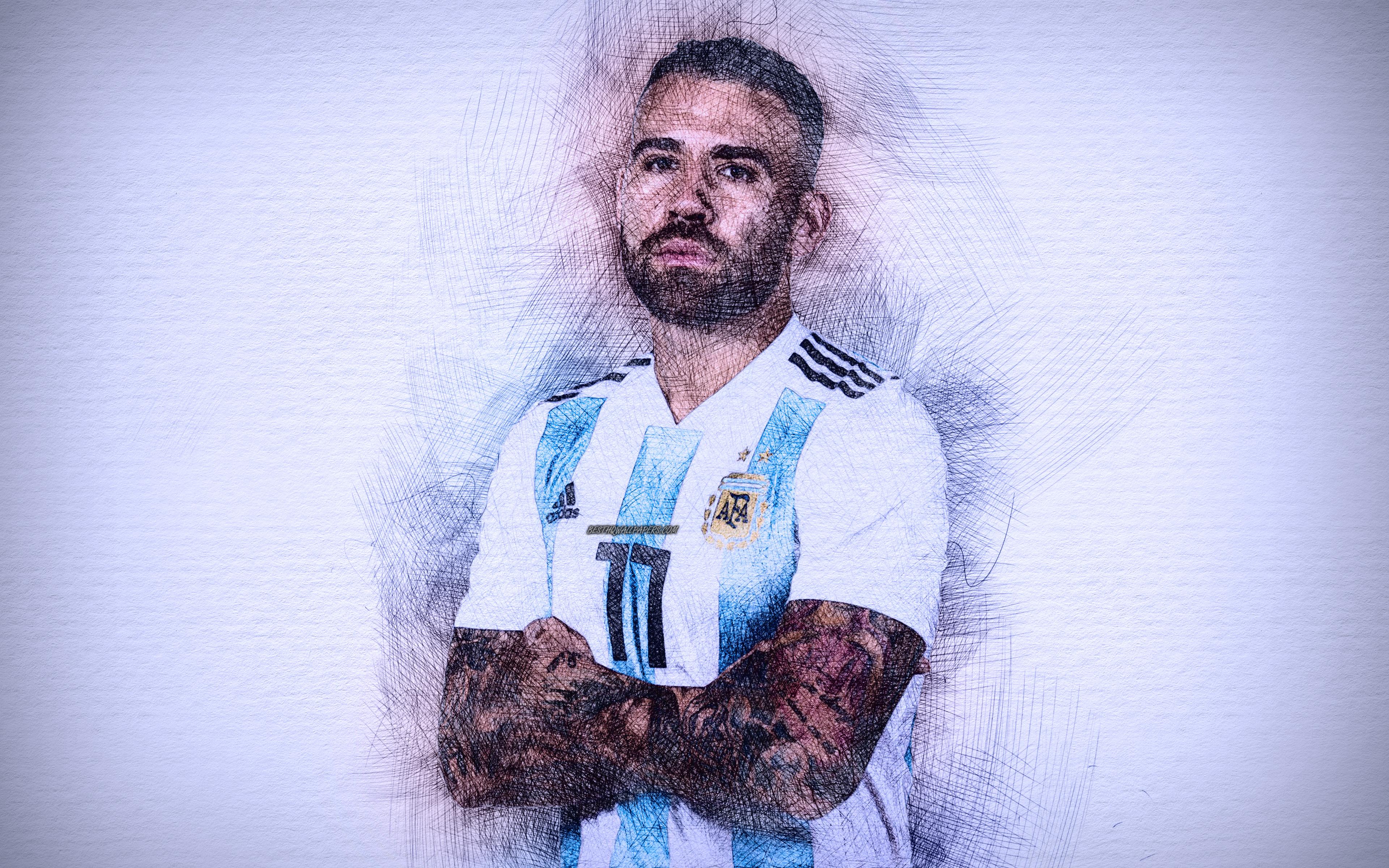 3840x2400 Download wallpaper 4k, Nicolas Otamendi, artwork, football stars, Argentine National Team, Otamendi, soccer, footballers, drawing Otamendi, Argentina national football team for desktop with resolution 3840x2400. High Quality HD picture wallpaper
