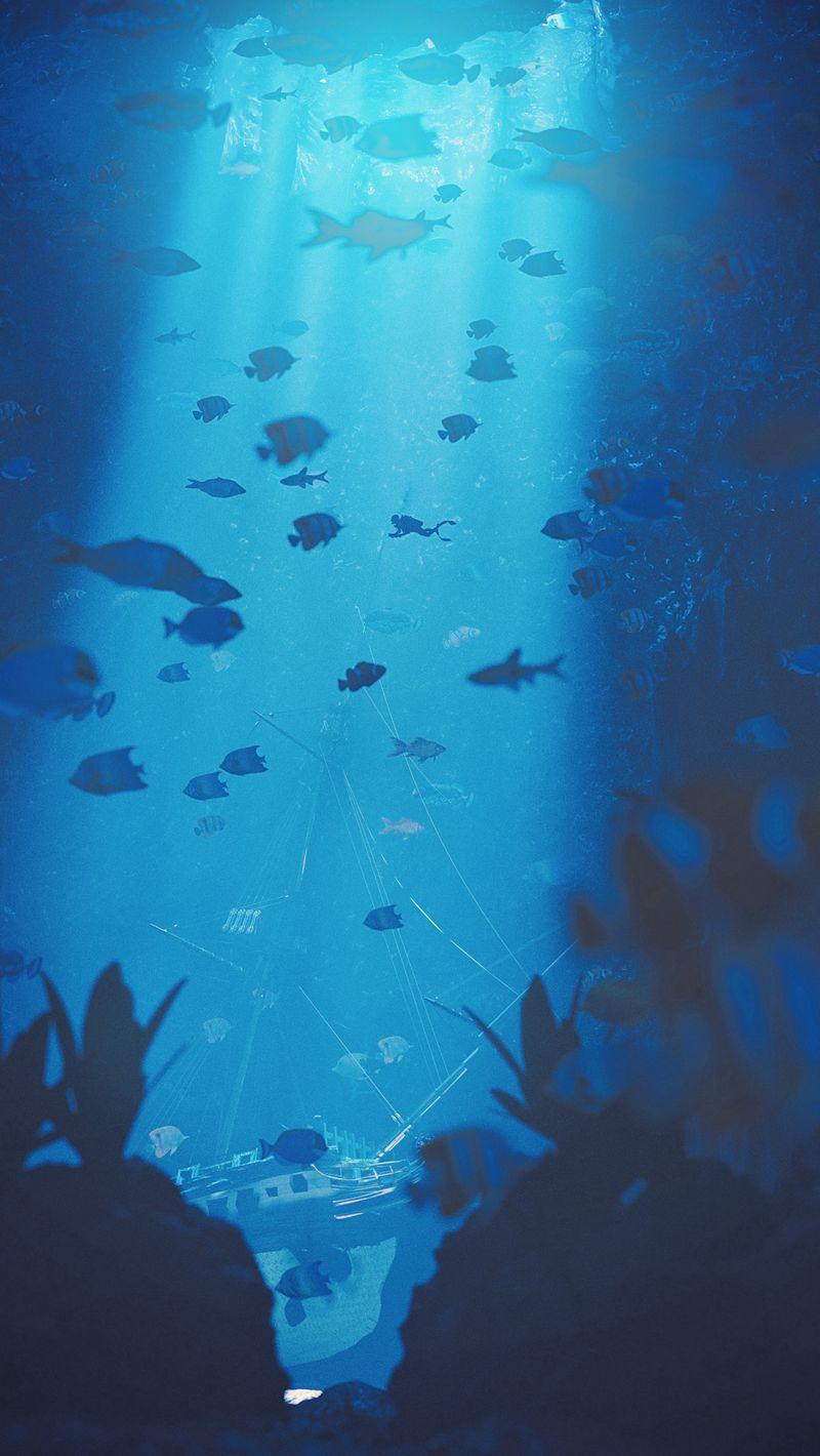 800x1420 Download Wallpaper 800x1420 Diving, Under Water, Ray Of Light, Depth, Fish, Bottom Iphone Se 5s 5c 5 For Parallax HD Background