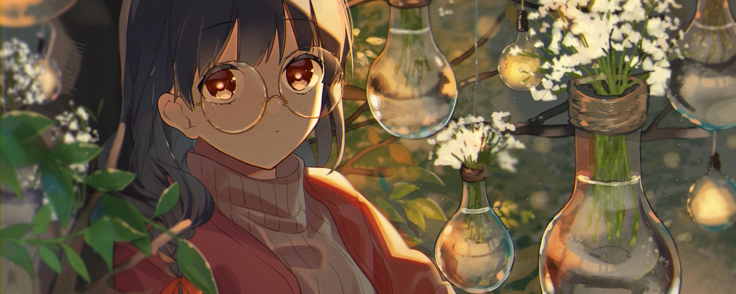 2560x1024 Wallpaper Anime Girl, Reading, Meganekko, Mood:3776x2973