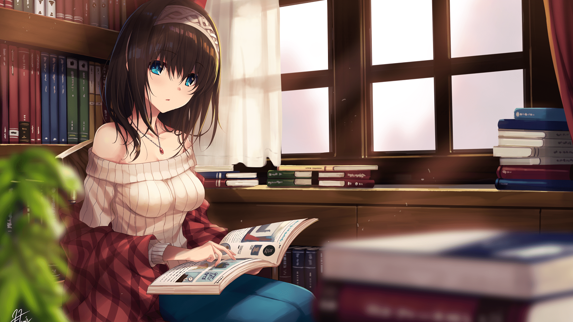 AI Art Generator Pretty anime girl studying on a bed