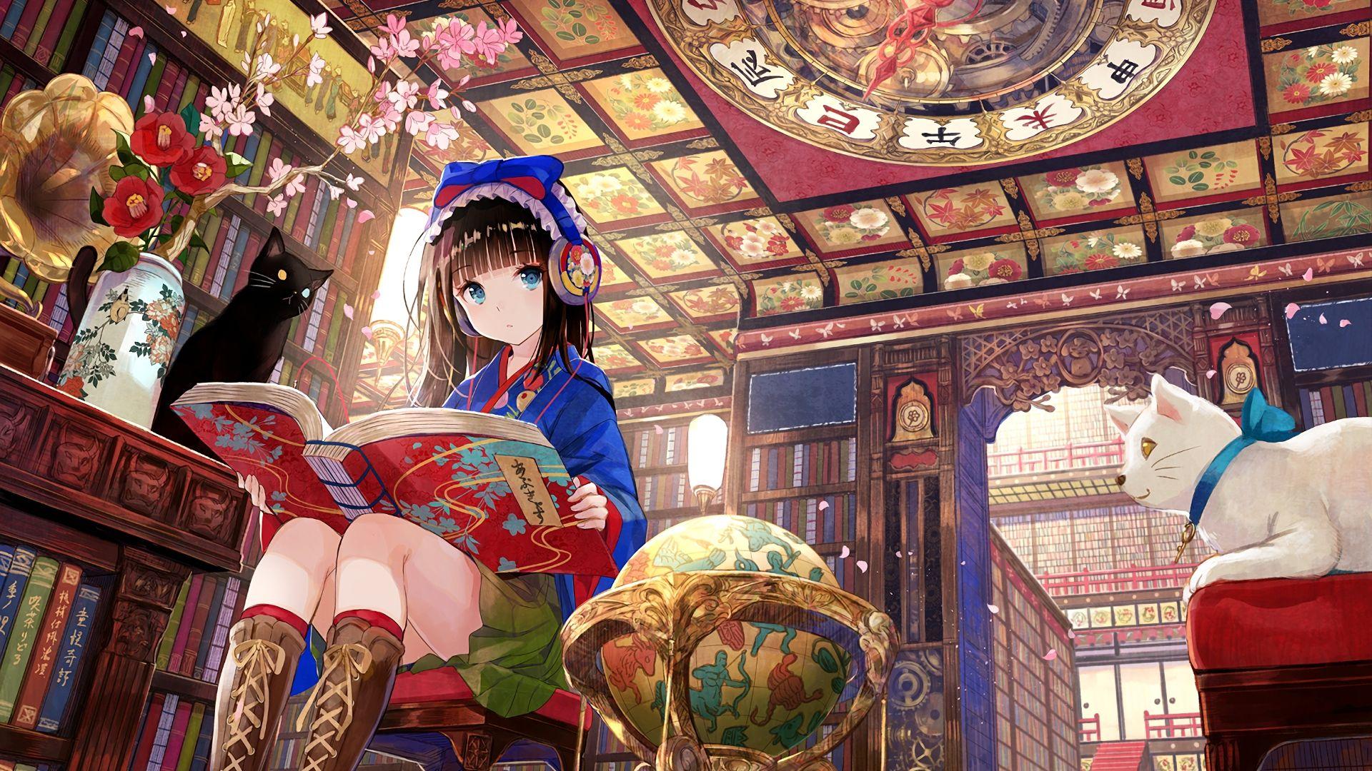 1920x1080 Desktop Wallpaper Library, Reading, Book, Anime Girl, HD Image, Picture, Background, 694f E