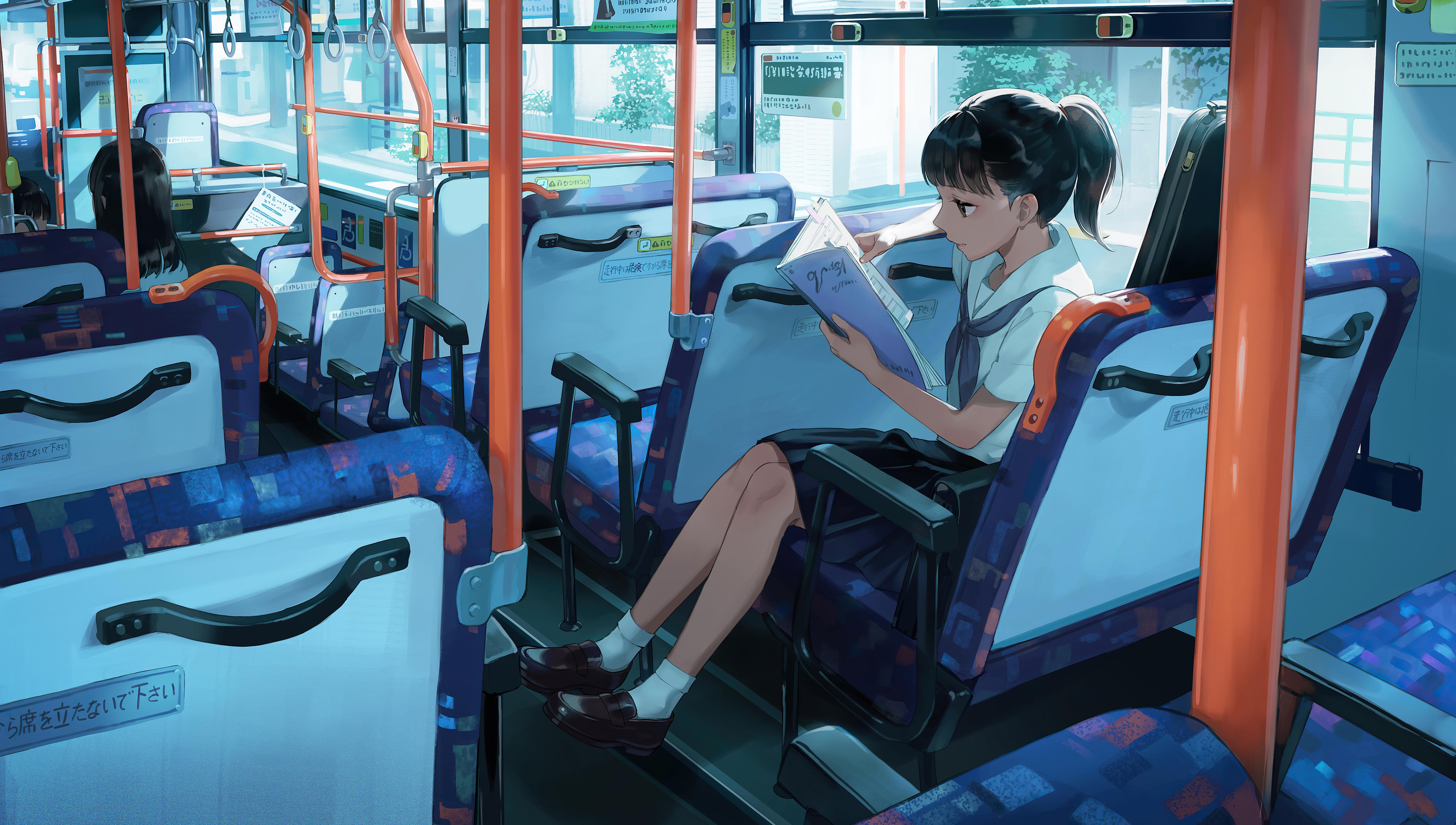 5120x2901 Anime School Girl Bus Reading Book 5k 2048x1152 Resolution HD 4k Wallpaper, Image, Background, Photo and Picture